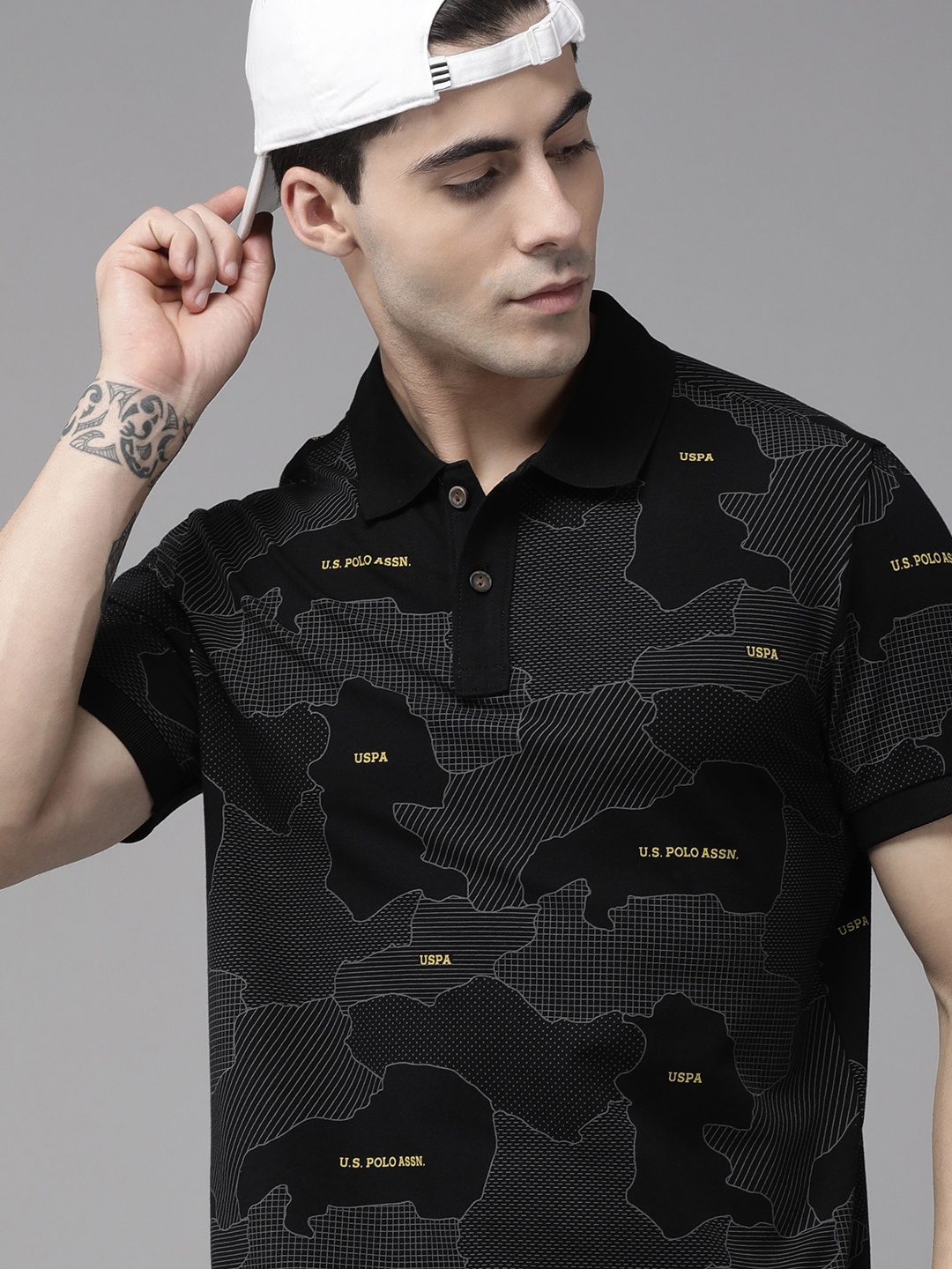 

U S Polo Assn Denim Co Men Black & Grey Printed Polo Collar T-shirt