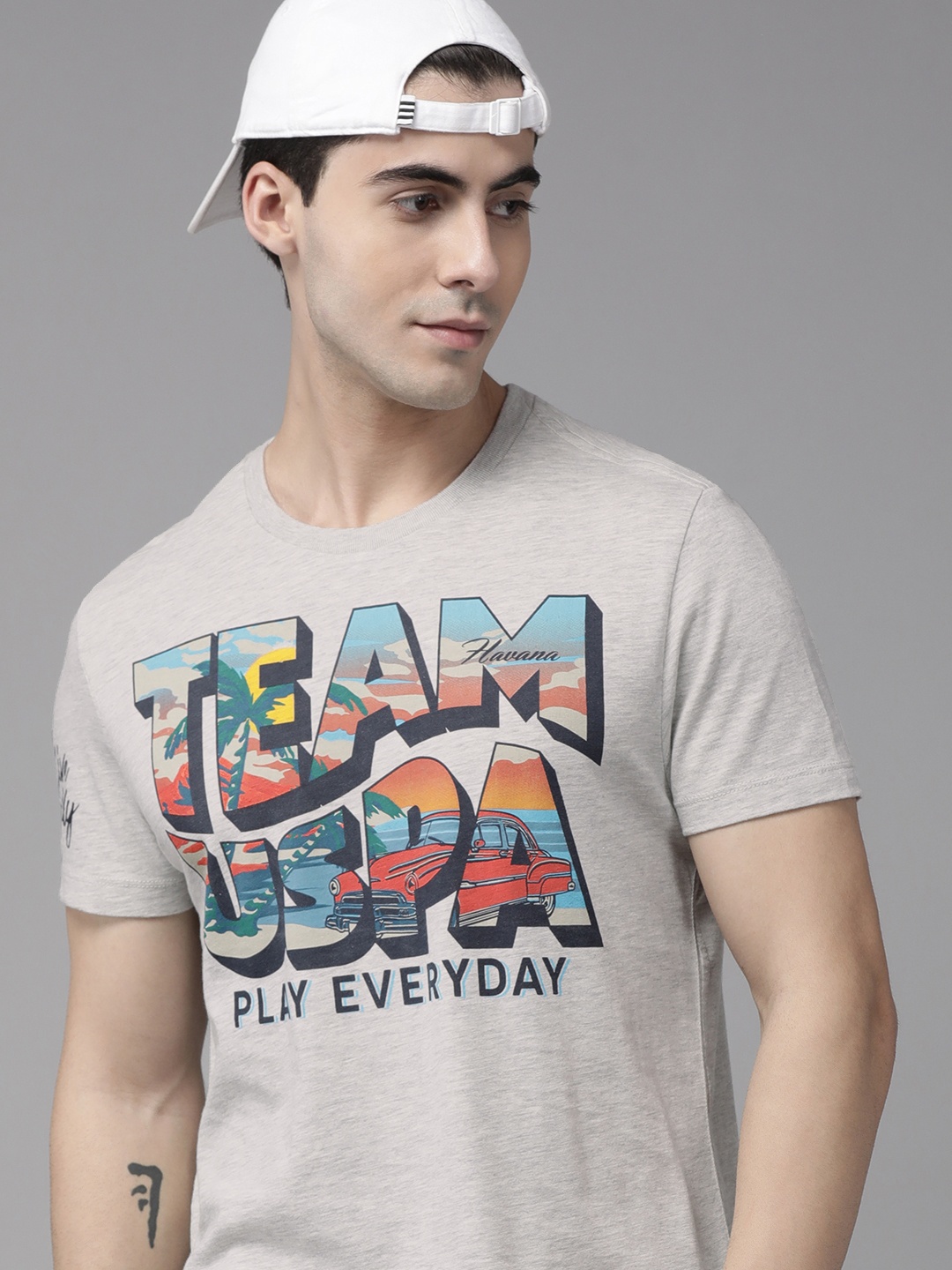

U S Polo Assn Denim Co Men Grey Melange Typography Printed T-shirt