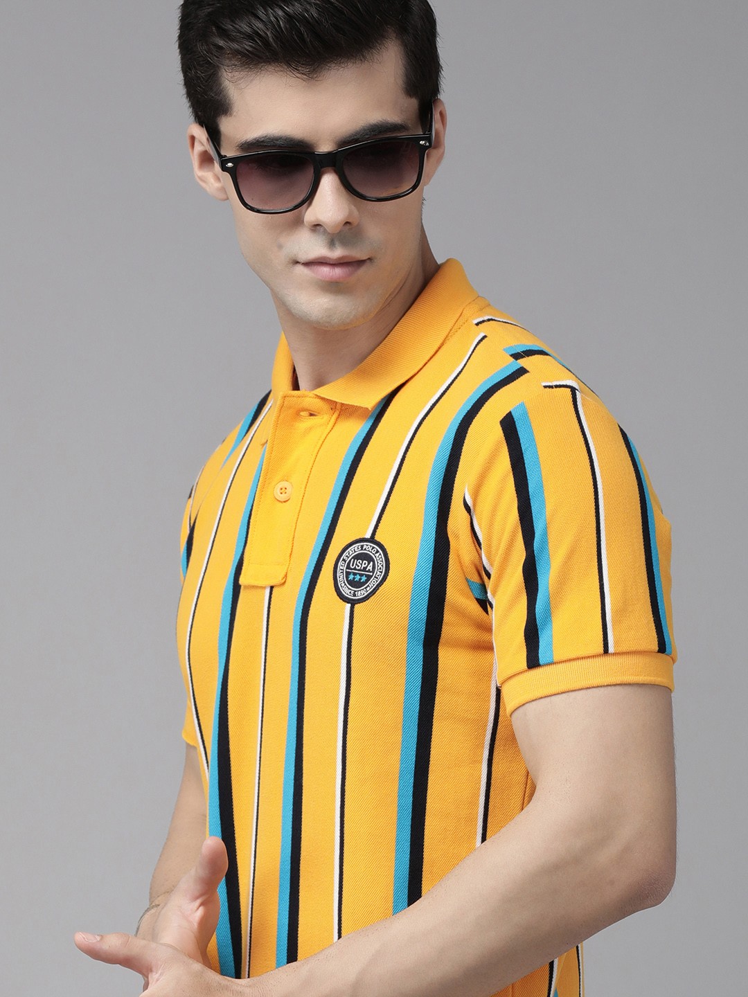 

U S Polo Assn Men Yellow & Blue Striped Polo Collar Pure Cotton Slim Fit T-shirt