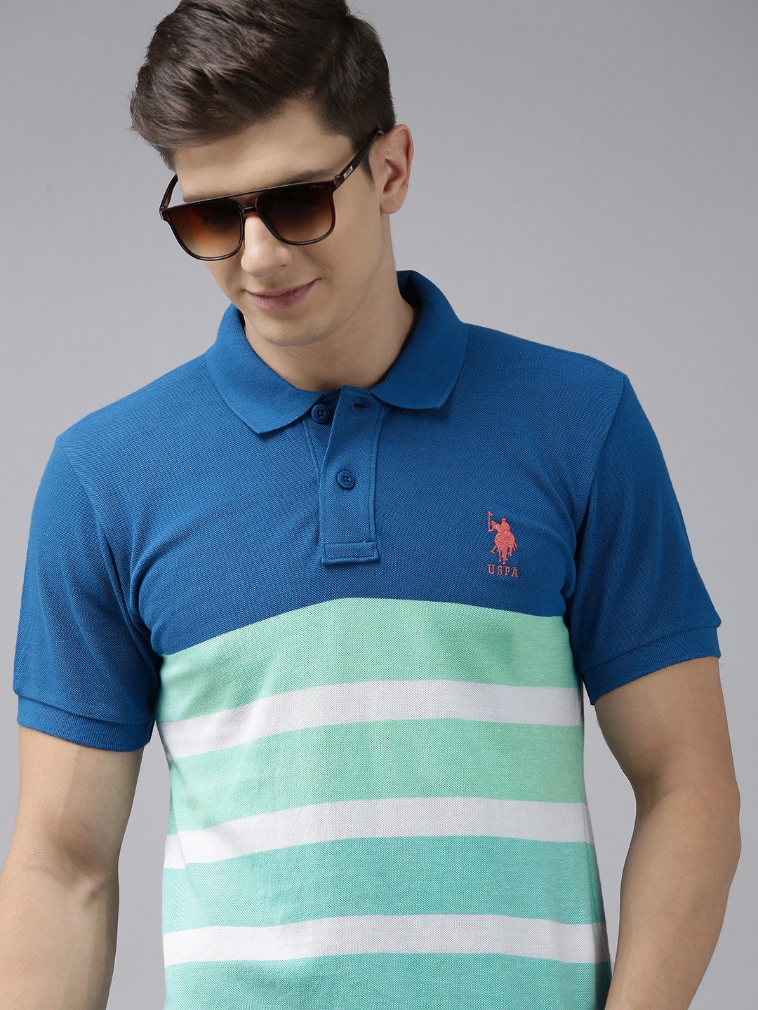 

U S Polo Assn Men Blue & White Striped Polo Collar Pure Cotton Slim Fit T-shirt