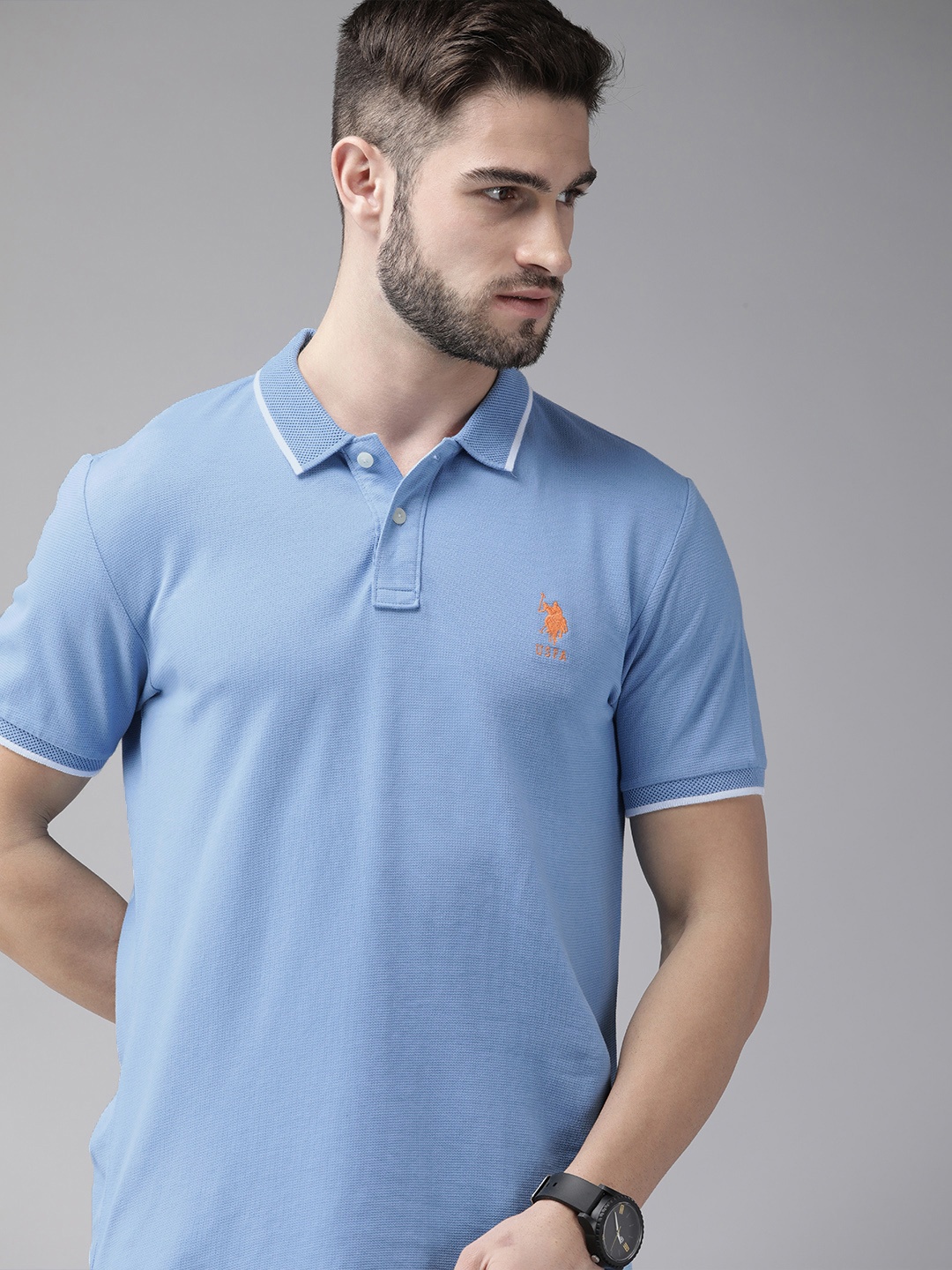 

U S Polo Assn Men Blue Solid Polo Collar Pure Cotton Slim Fit T-shirt