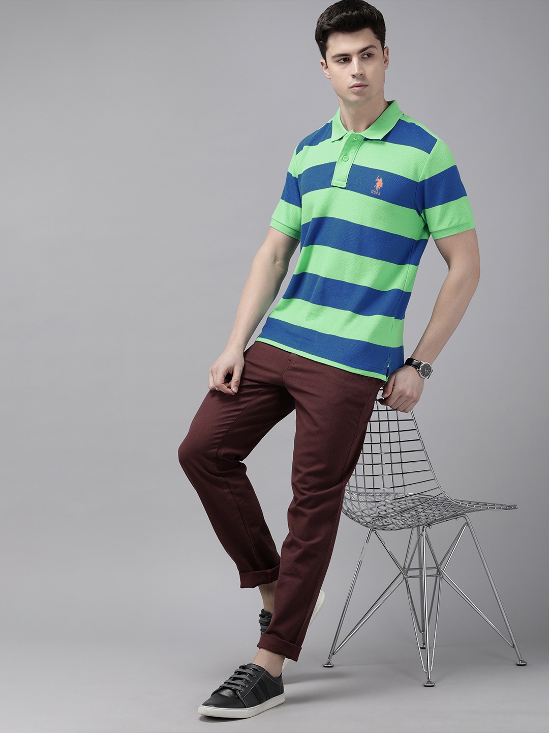 U.S. Polo Assn. Men Pure Cotton Colourblocked Polo Collar T-shirt, Green