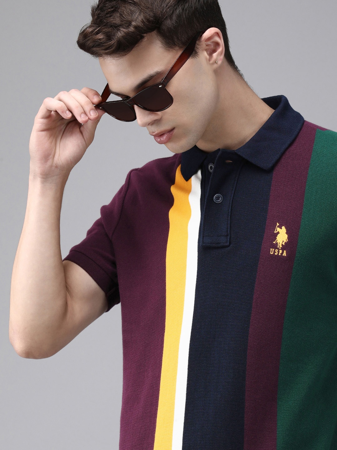 

U.S. Polo Assn. Men Navy Blue Striped Polo Collar Pure Cotton T-shirt, Multi