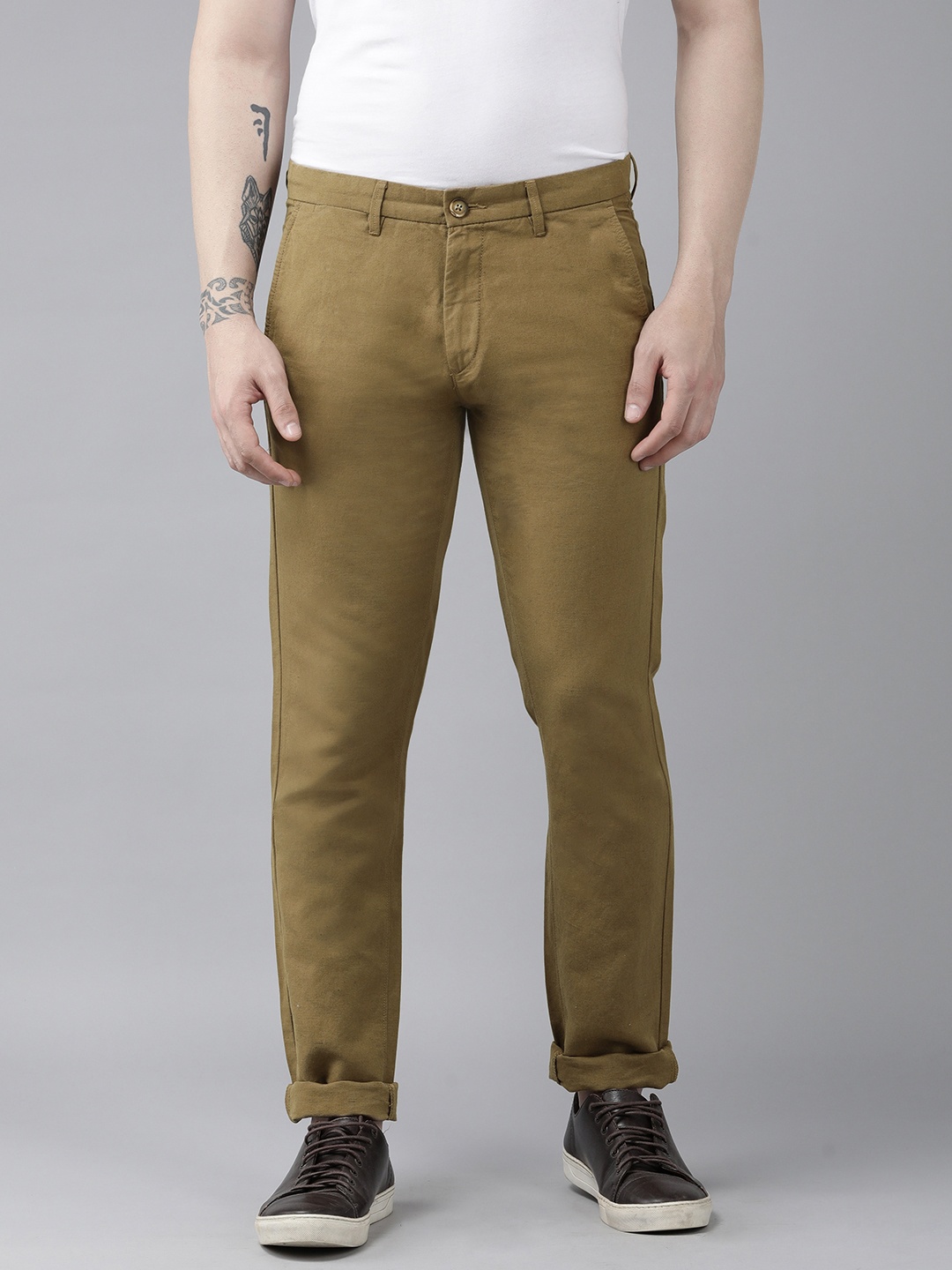 

U S Polo Assn Men Cotton Linen Austin Trim Fit Trousers, Tan