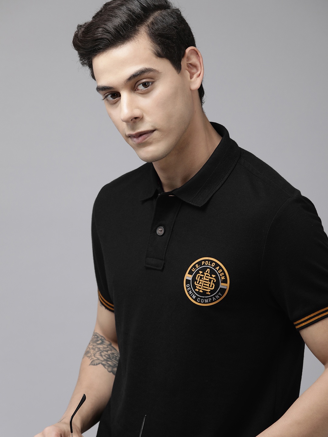 

U S Polo Assn Denim Co Men Black Brand Logo Printed Polo Collar T-shirt