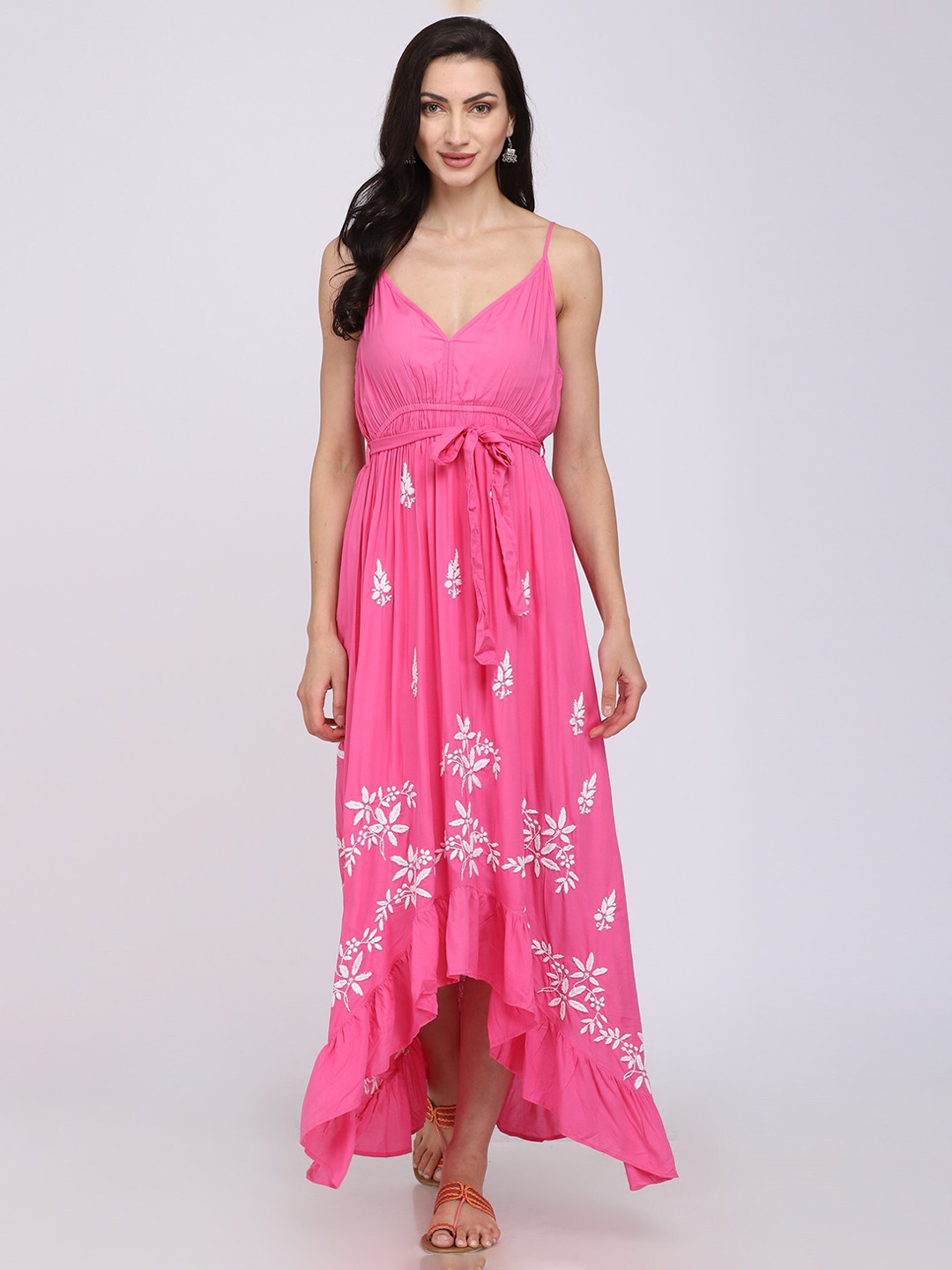 

PARAMOUNT CHIKAN Pink Floral Chikankari Maxi Dress