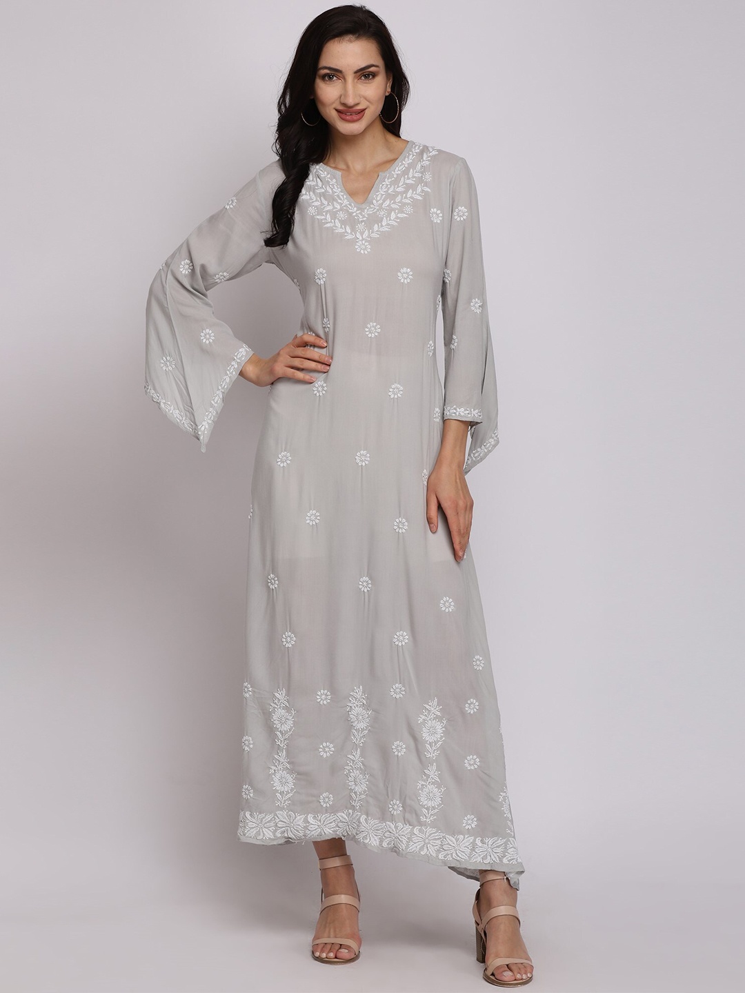 

PARAMOUNT CHIKAN Grey Ethnic Motifs Embroidered Chikankari Ethnic Maxi Dress