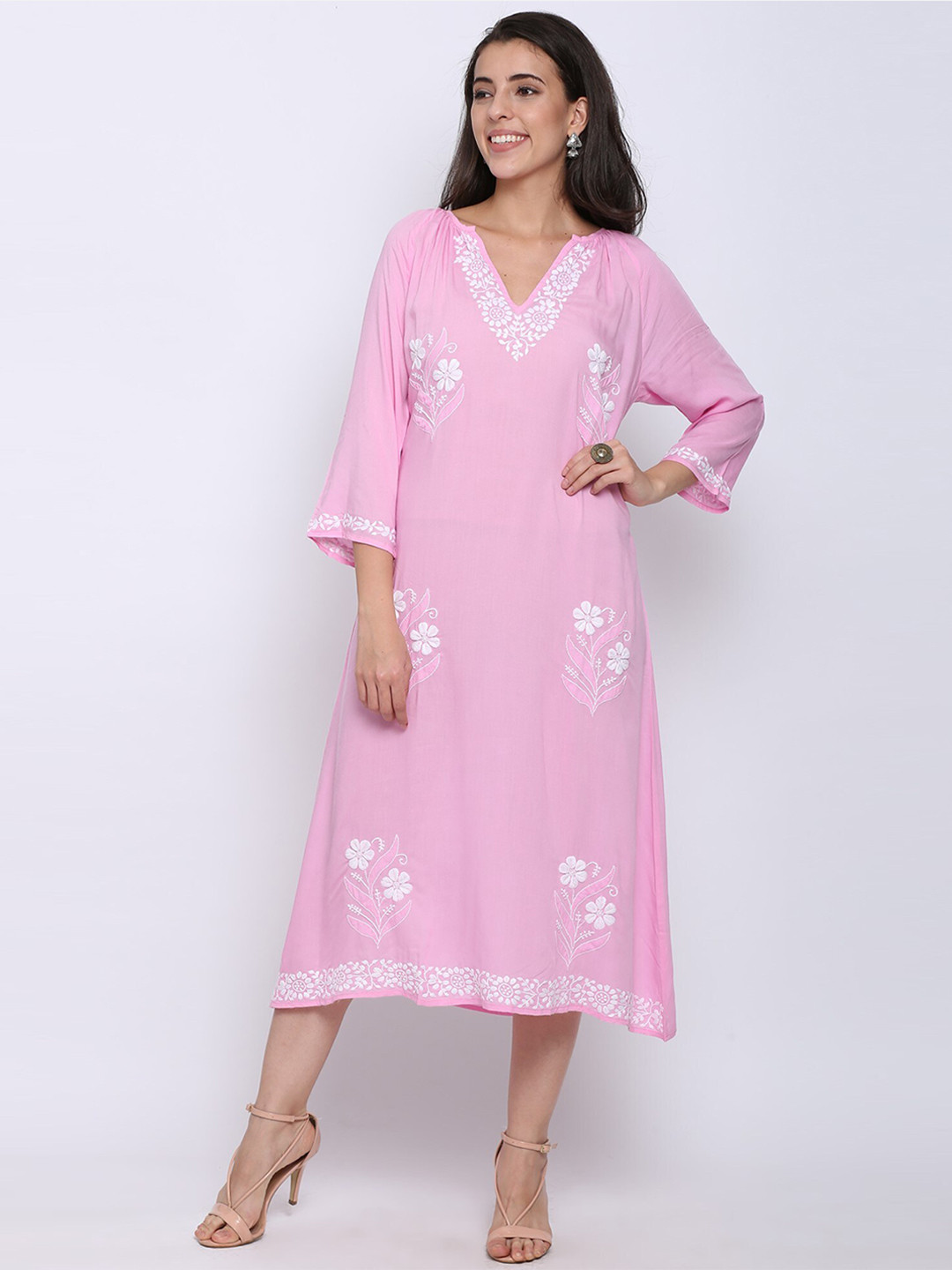 

PARAMOUNT CHIKAN Pink Floral Embroidered Chikankari A-Line Midi Dress