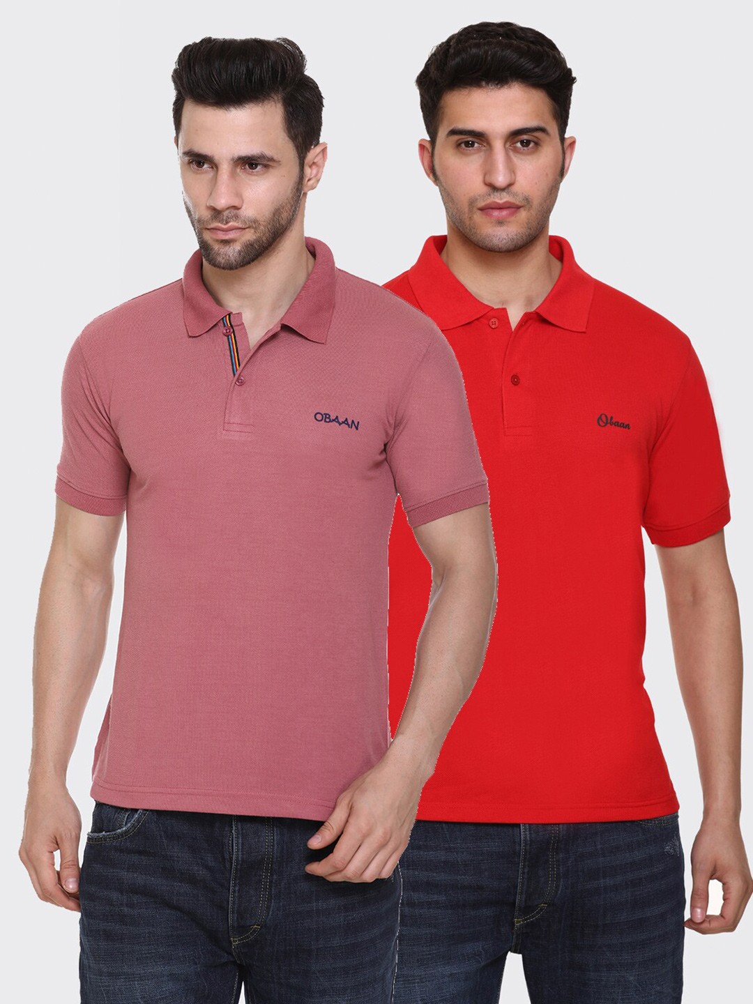 

Obaan Men Pink & Red Set of 2 Solid Polo Collar T-shirt