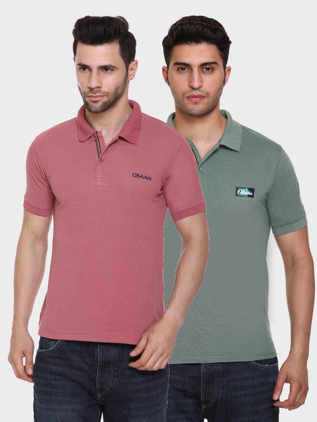 

Obaan Men Mauve & Green Pack Of 2 Polo Collar T-shirt