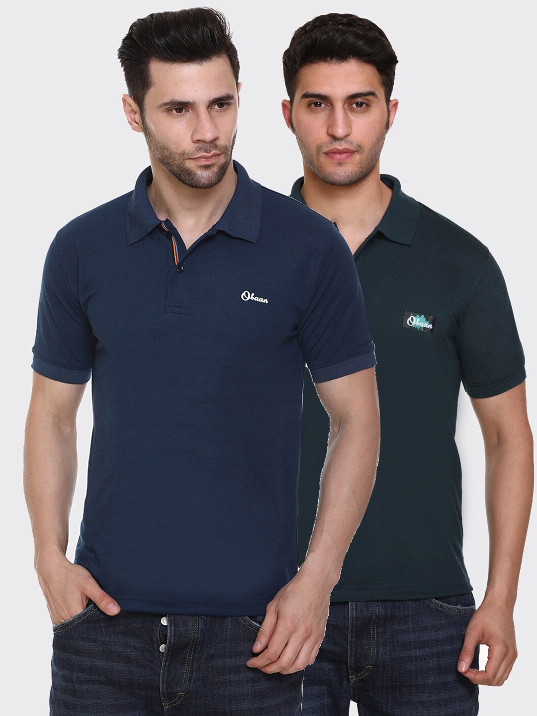 

Obaan Men Pack of 2 Navy Blue & Green Regular Fit Polo Collar T-shirt
