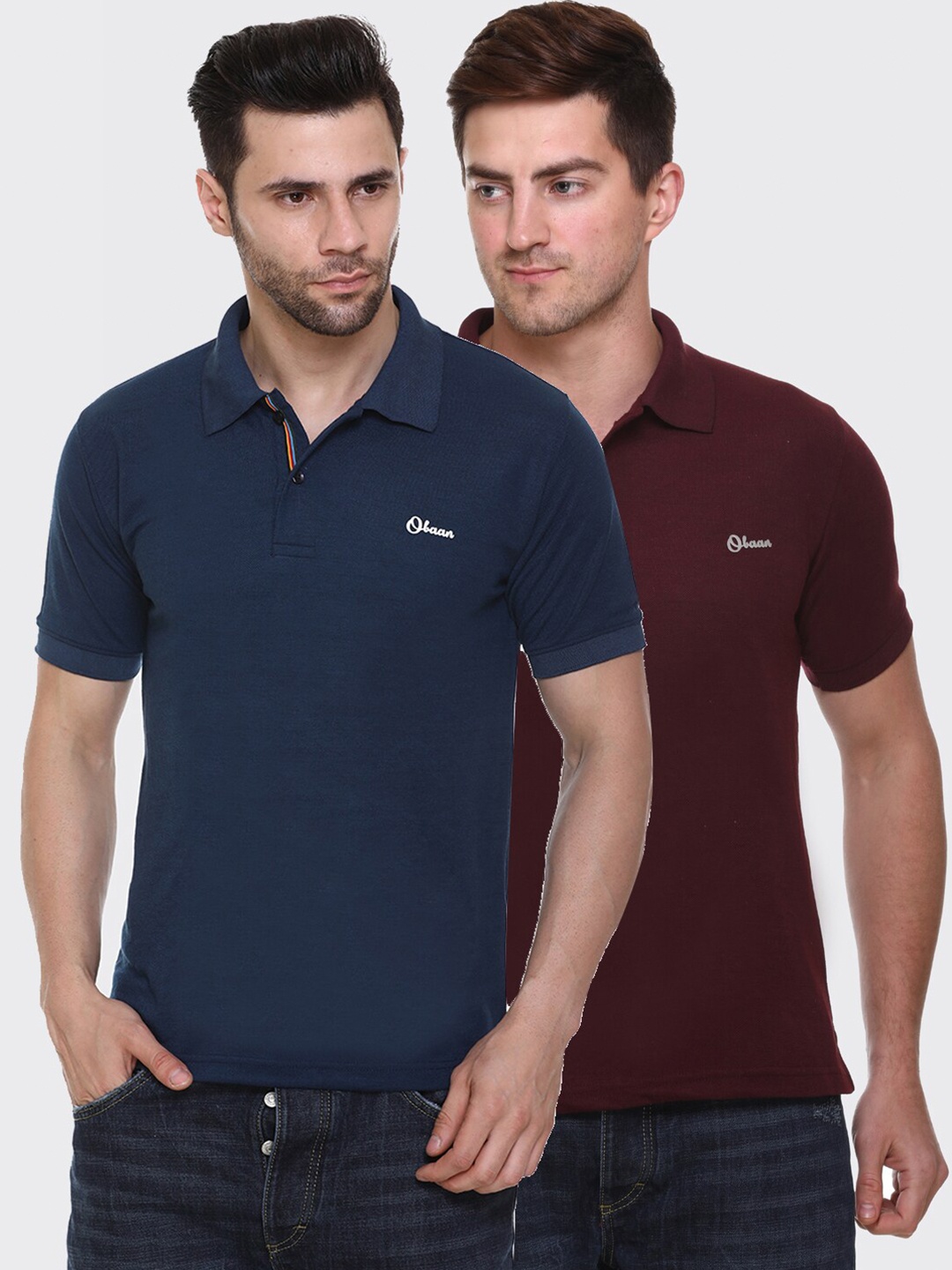 

Obaan Men Pack of 2 Navy Blue & Burgundy Regular Fit Polo Collar T-shirt