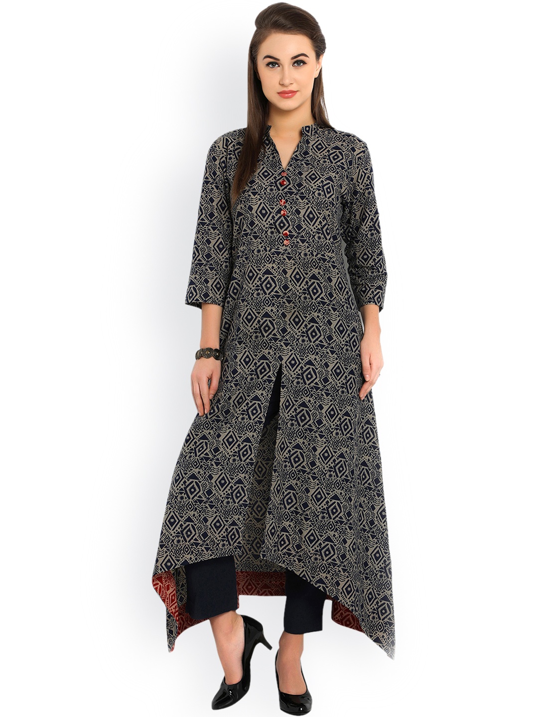 

Indibelle Women Navy & Grey Printed A-Line Kurta, Navy blue