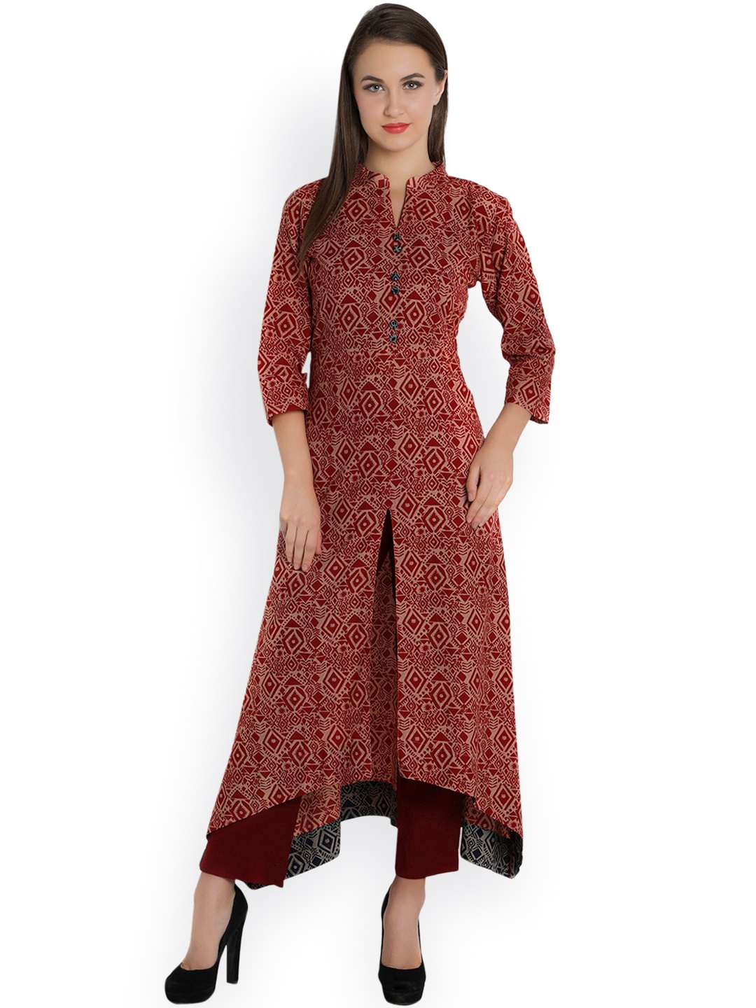

Indibelle Women Red Printed Asymmetric A-Line Kurta