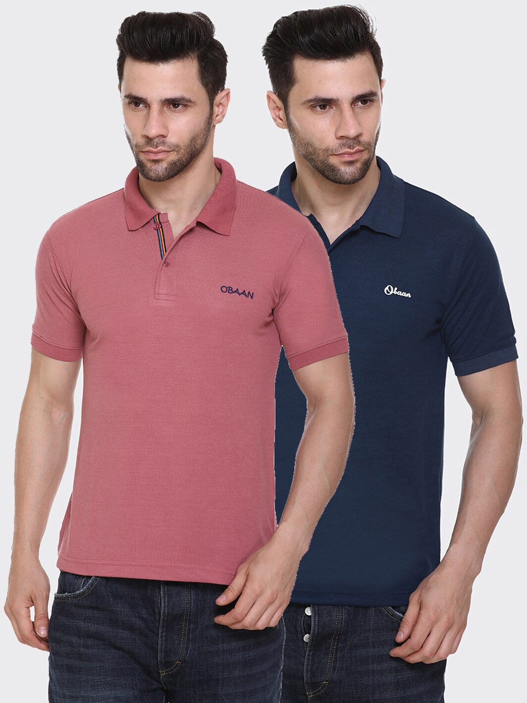 

Obaan Men Pack Of 2 Pink & Navy Blue Solid Polo Collar T-shirt