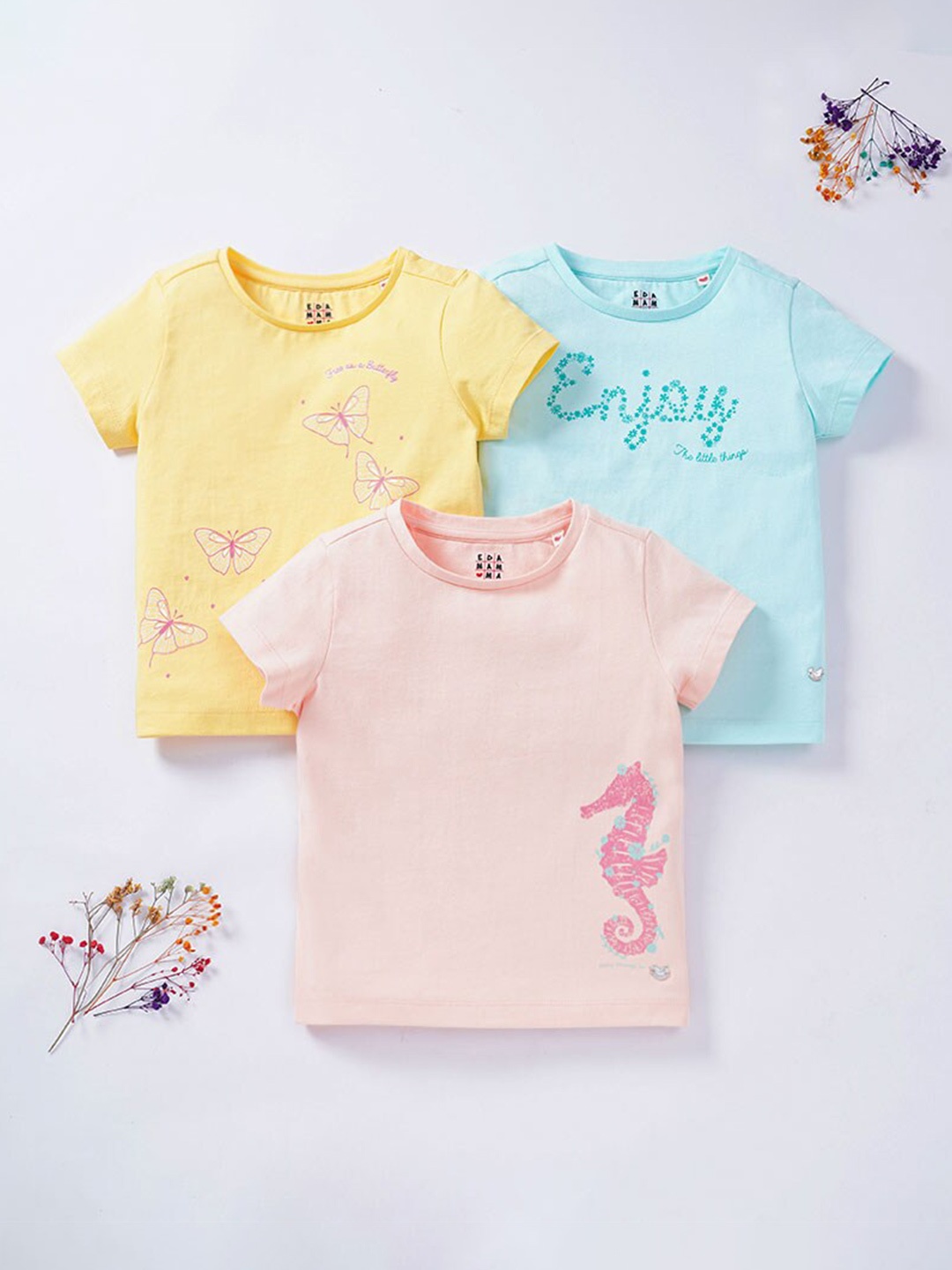 

Ed-a-Mamma Girls Pack of 3 Printed Regular Fit Cotton T-shirt, Pink