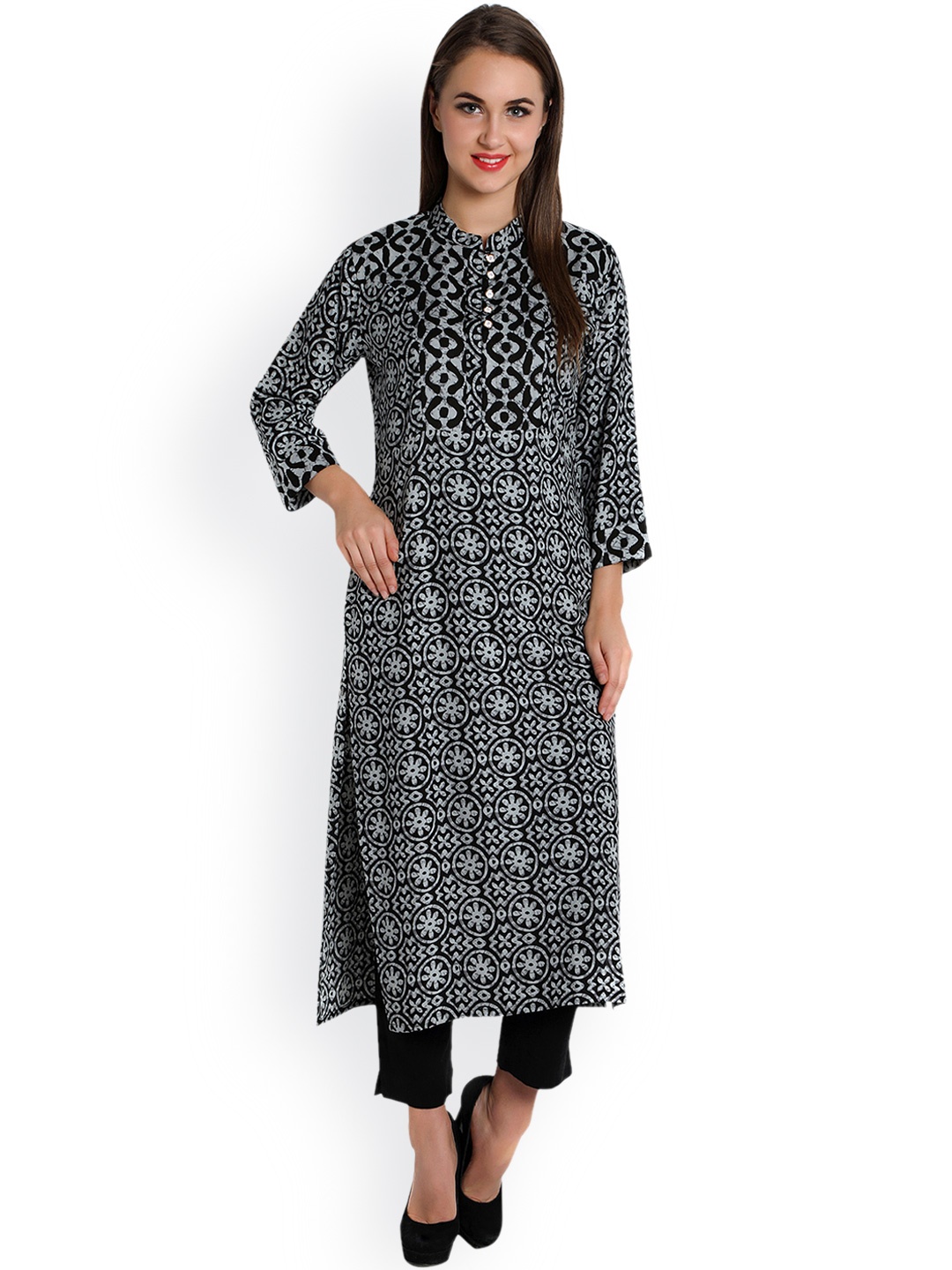 

Indibelle Women Grey & Black Printed Straight Kurta