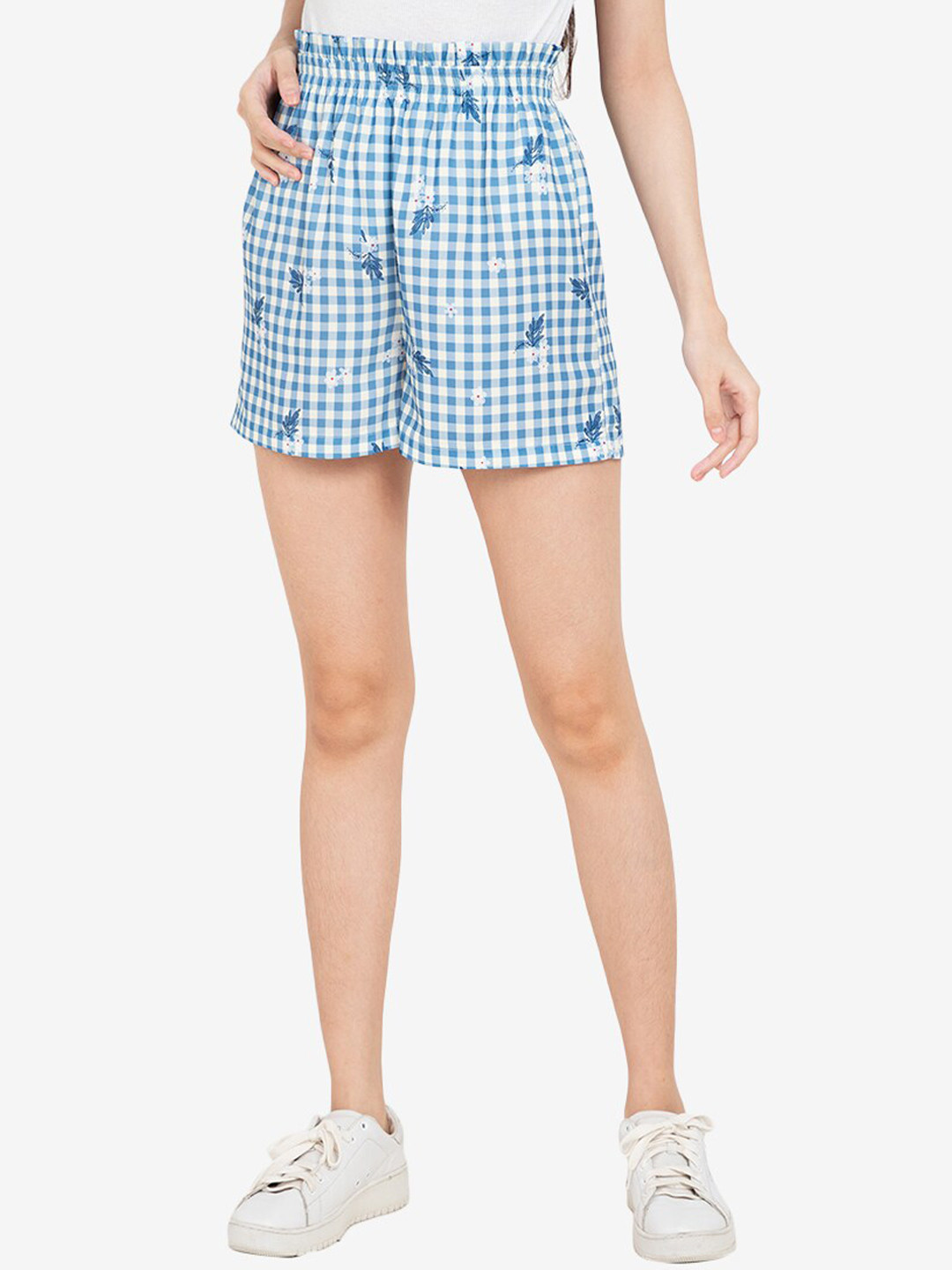 

ZALORA BASICS Women Blue Checked High-Rise Shorts
