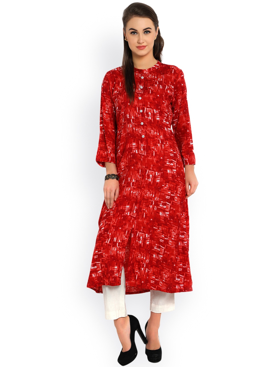 

Indibelle Women Red Printed A-Line Kurta