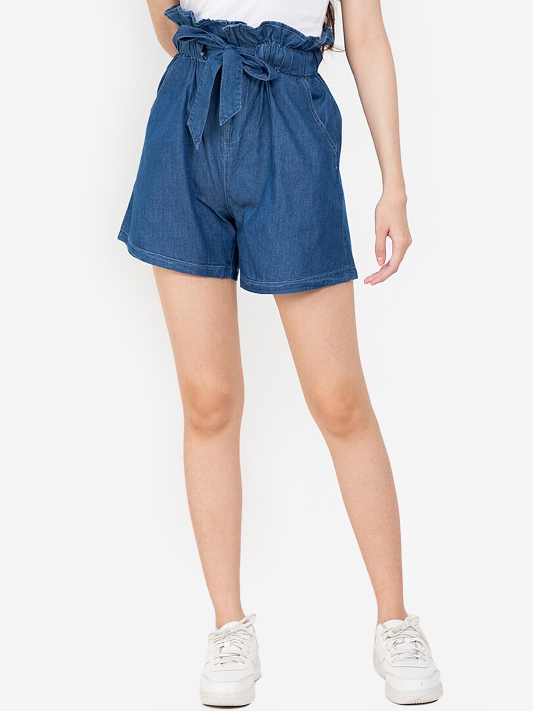 

ZALORA BASICS Women Blue High-Rise Outdoor Paper Bag Shorts
