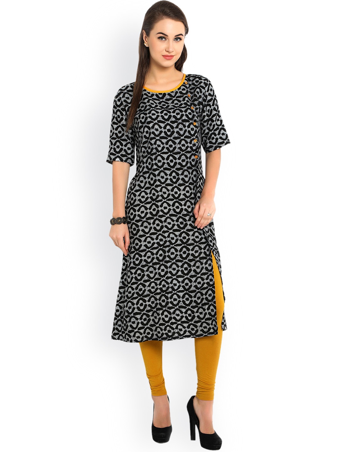 

Indibelle Women Grey & Black Printed A-Line Kurta