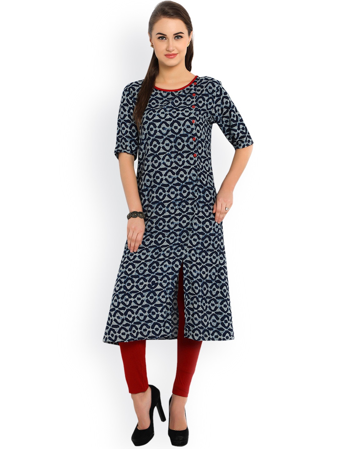 

Indibelle Women Blue & Grey Printed A-Line Kurta