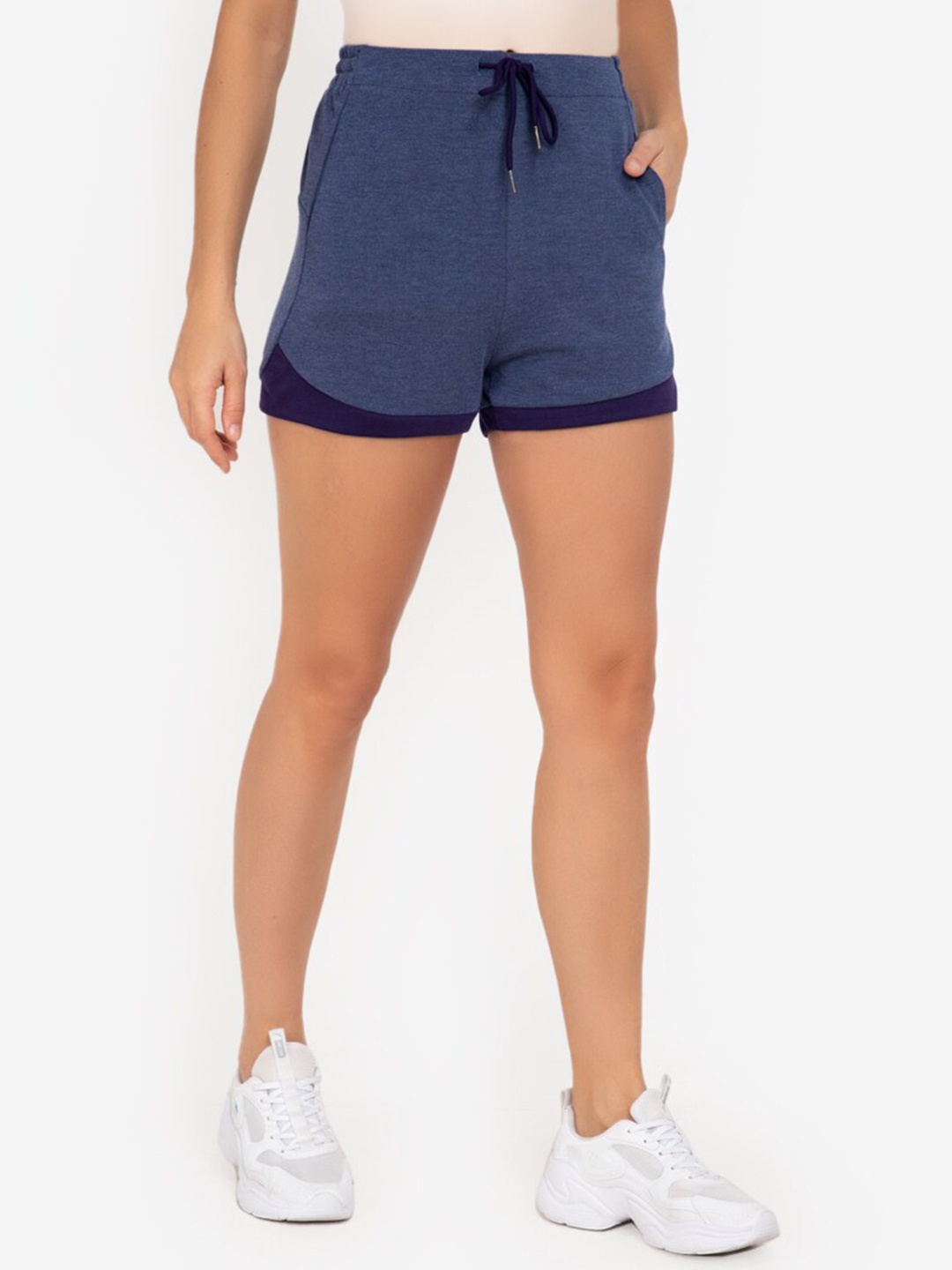 

ZALORA ACTIVE Women Navy Blue Colourblocked High-Rise Sports Shorts