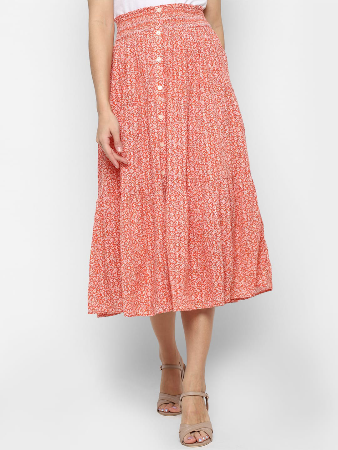 

AMERICAN EAGLE OUTFITTERS Women Orange Floral Printed Pure Cotton Flared Midi Skirt