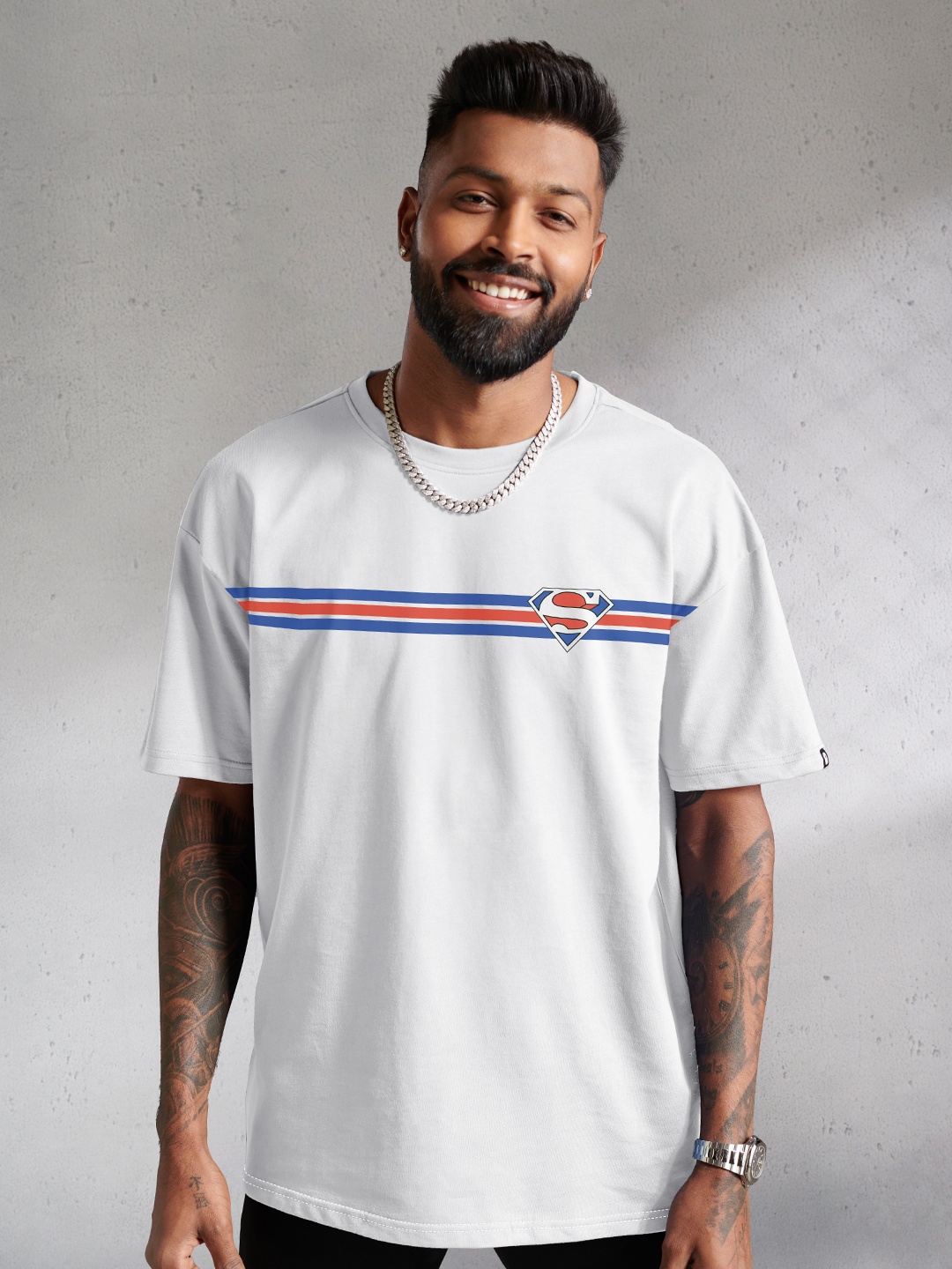 

The Souled Store Men White Superman Logo Placement Print & Striped Oversized T-Shirt