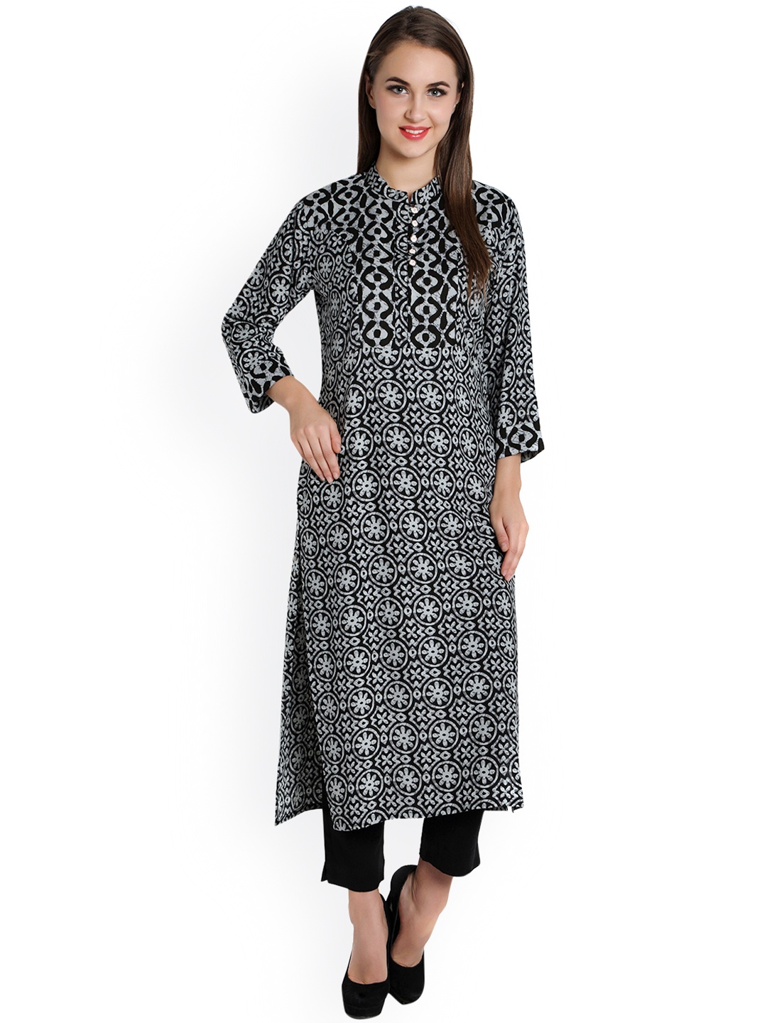 

Indibelle Black & Grey Printed Kurta with Trousers