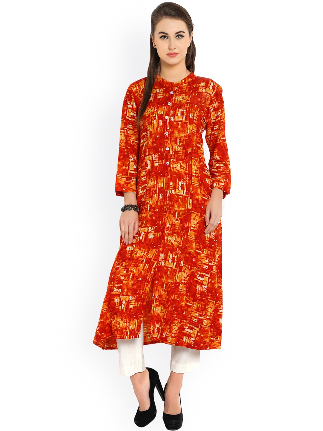 

Indibelle Orange & White Printed A-Line Kurta with Trousers