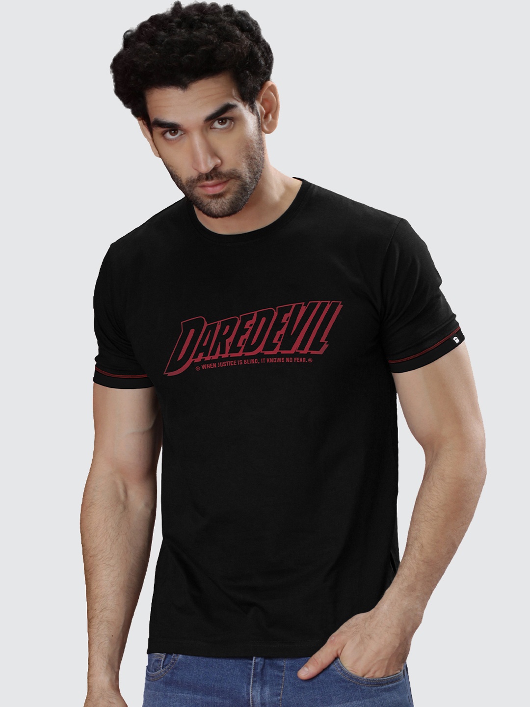 

The Souled Store Men Black Typography Checked Applique T-shirt