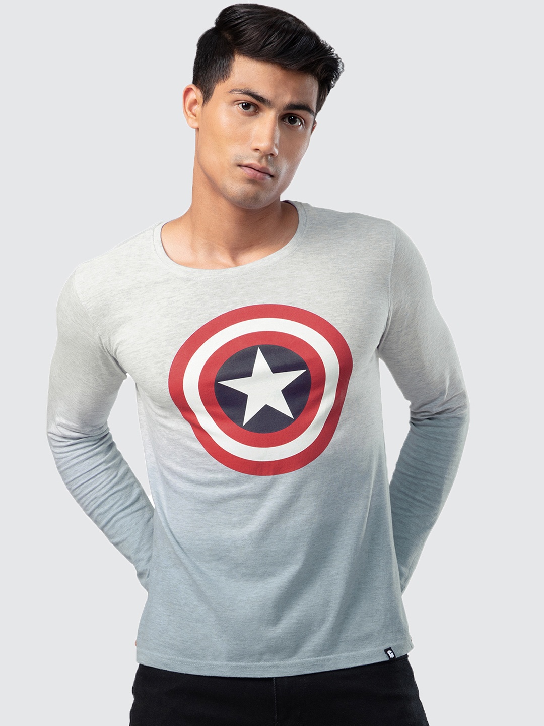 

The Souled Store Men Grey Melange & Red Captain America Printed Cotton T-shirt