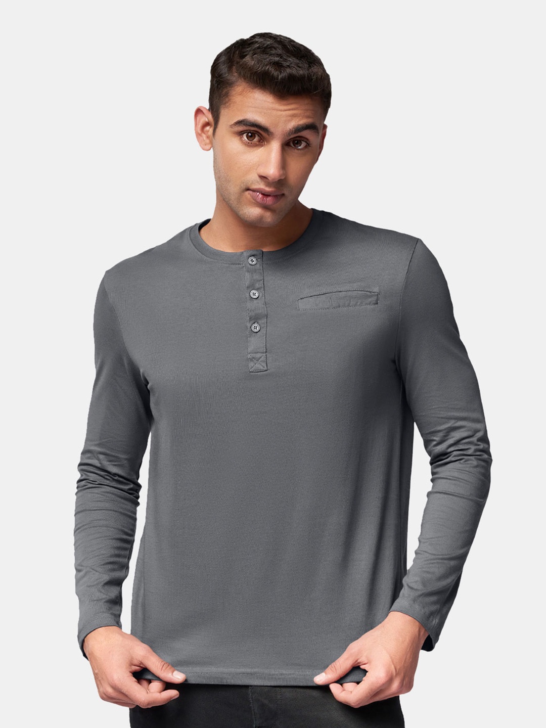 

The Souled Store Men Grey Solid Cotton Henley Neck T-shirt