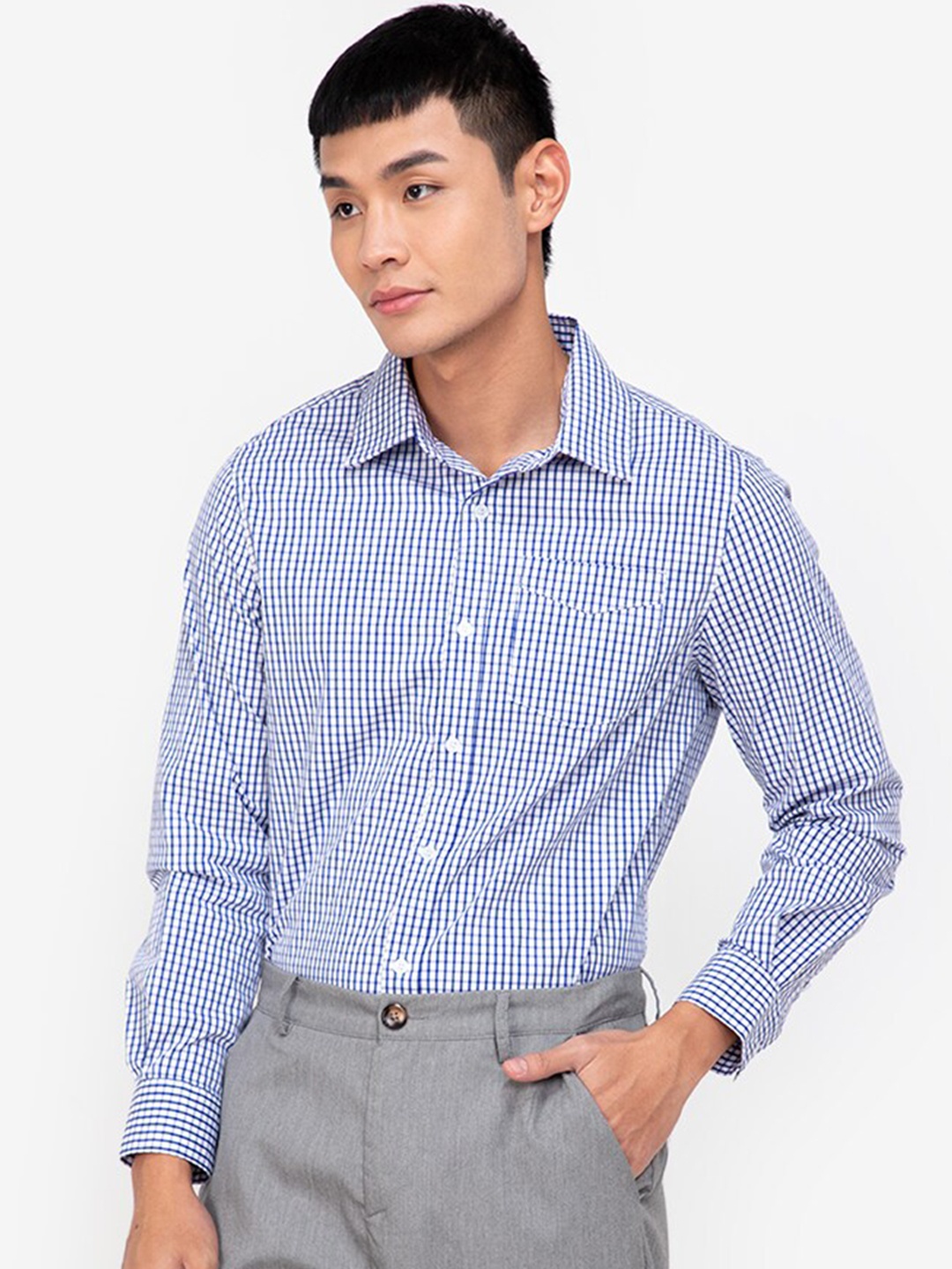 

ZALORA BASICS Men Blue & White Gingham Checked Pure Cotton Casual Shirt