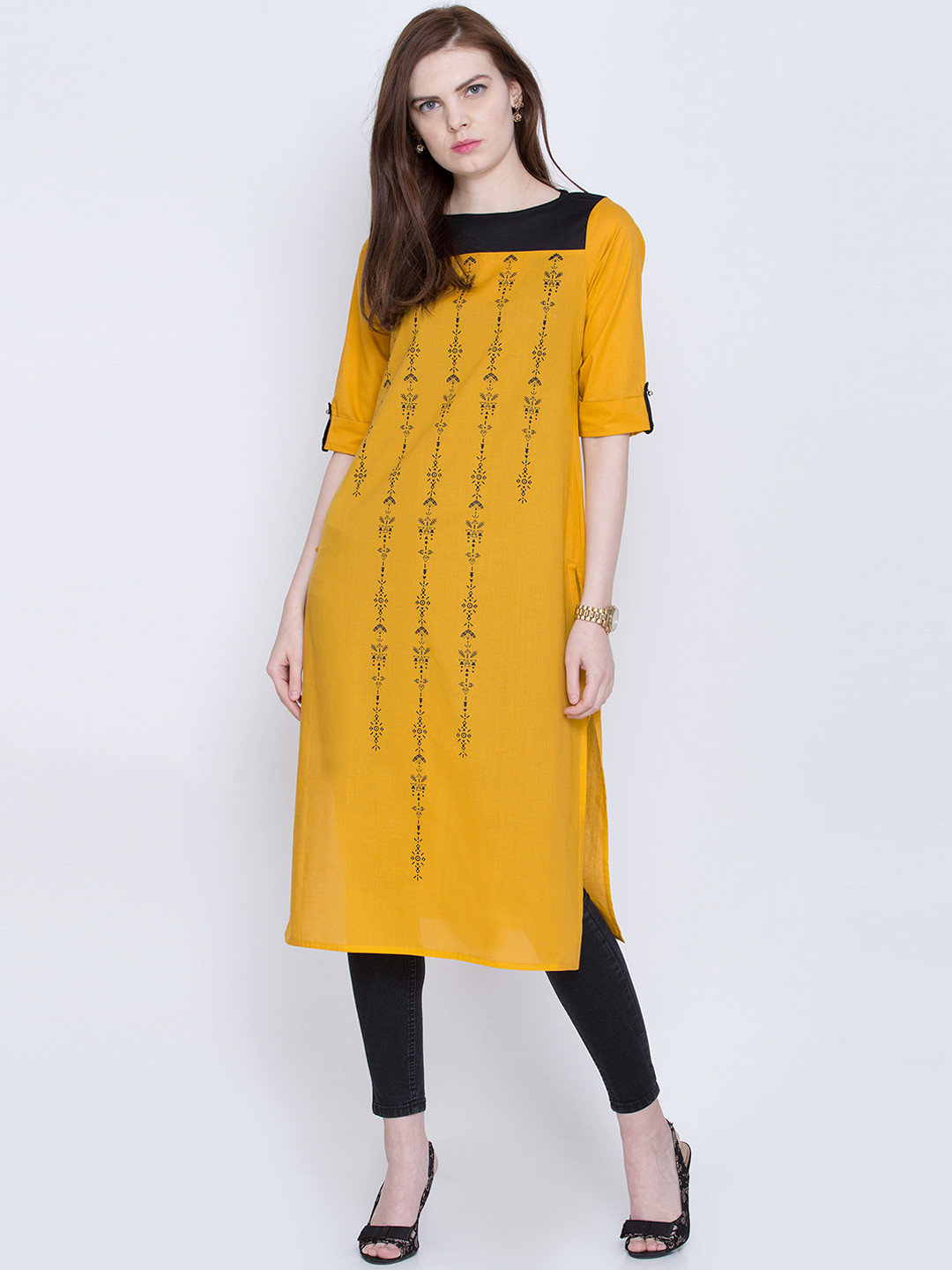 

Vishudh Women Mustard Yellow Printed Straight Kurta