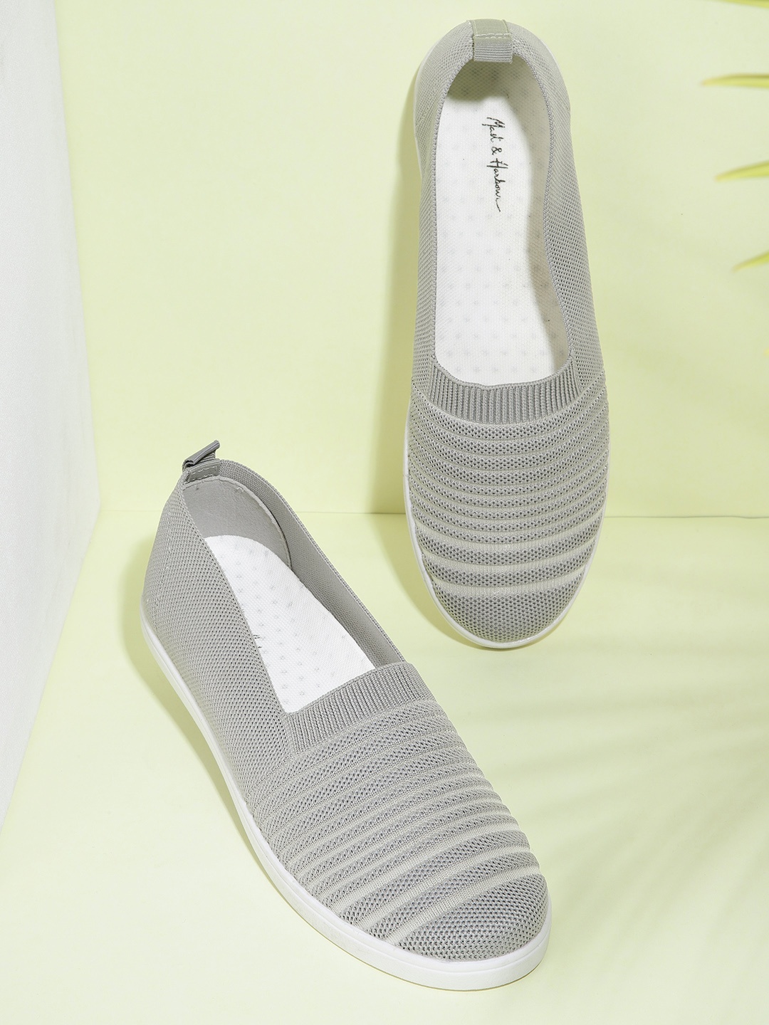 

Mast & Harbour Women Grey Woven Design Striped Slip-On Sneakers