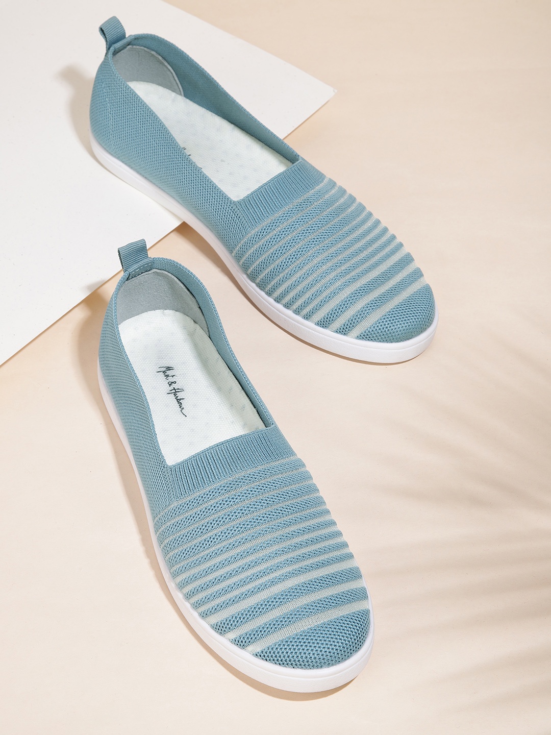 

Mast & Harbour Women Blue Woven Design Striped Slip-On Sneakers