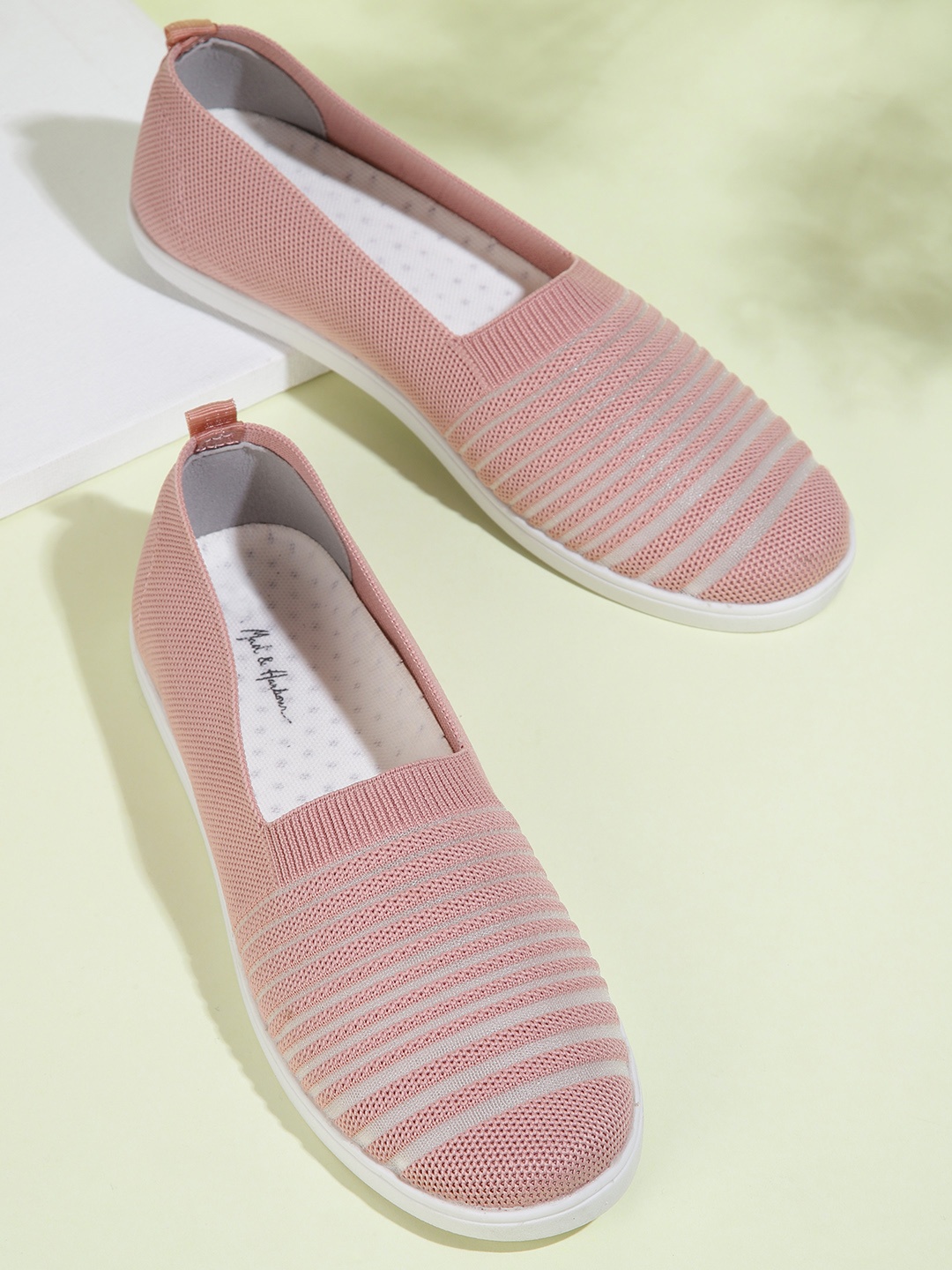 

Mast & Harbour Women Dusty Pink Woven Design Striped Slip-On Sneakers, Rose