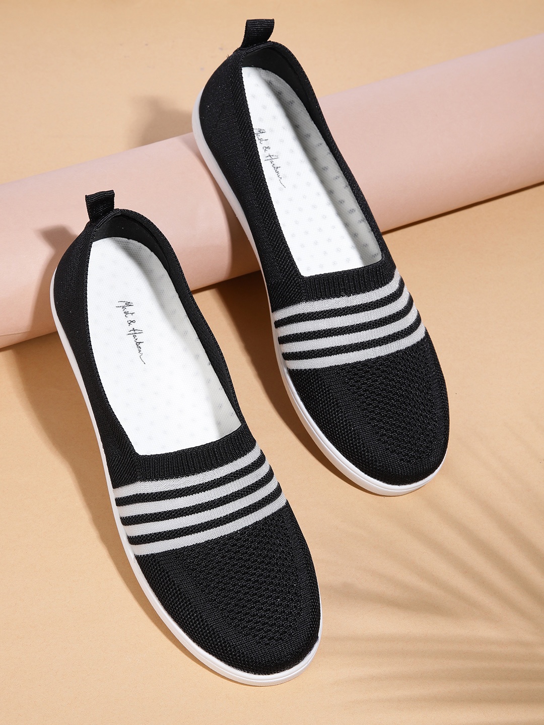 

Mast & Harbour Women Black & White Striped Slip-On Sneakers