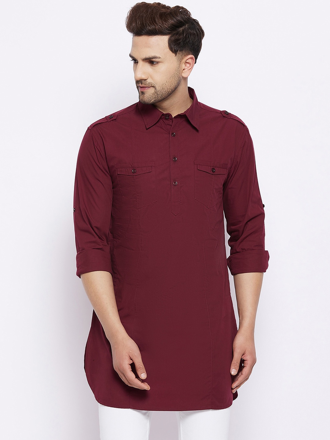 

Hypernation Men Maroon Thread Work Cotton Pathani Kurta