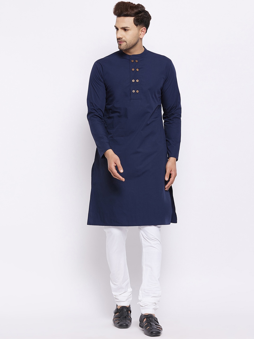 

Hypernation Men Navy Blue Thread Work Pure Cotton Kurta