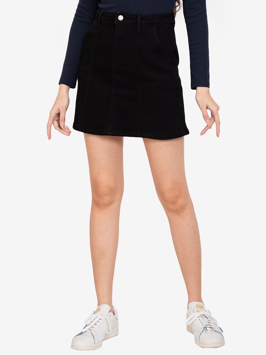 

ZALORA BASICS Women Black Solid Panelled Denim Mini Skirt