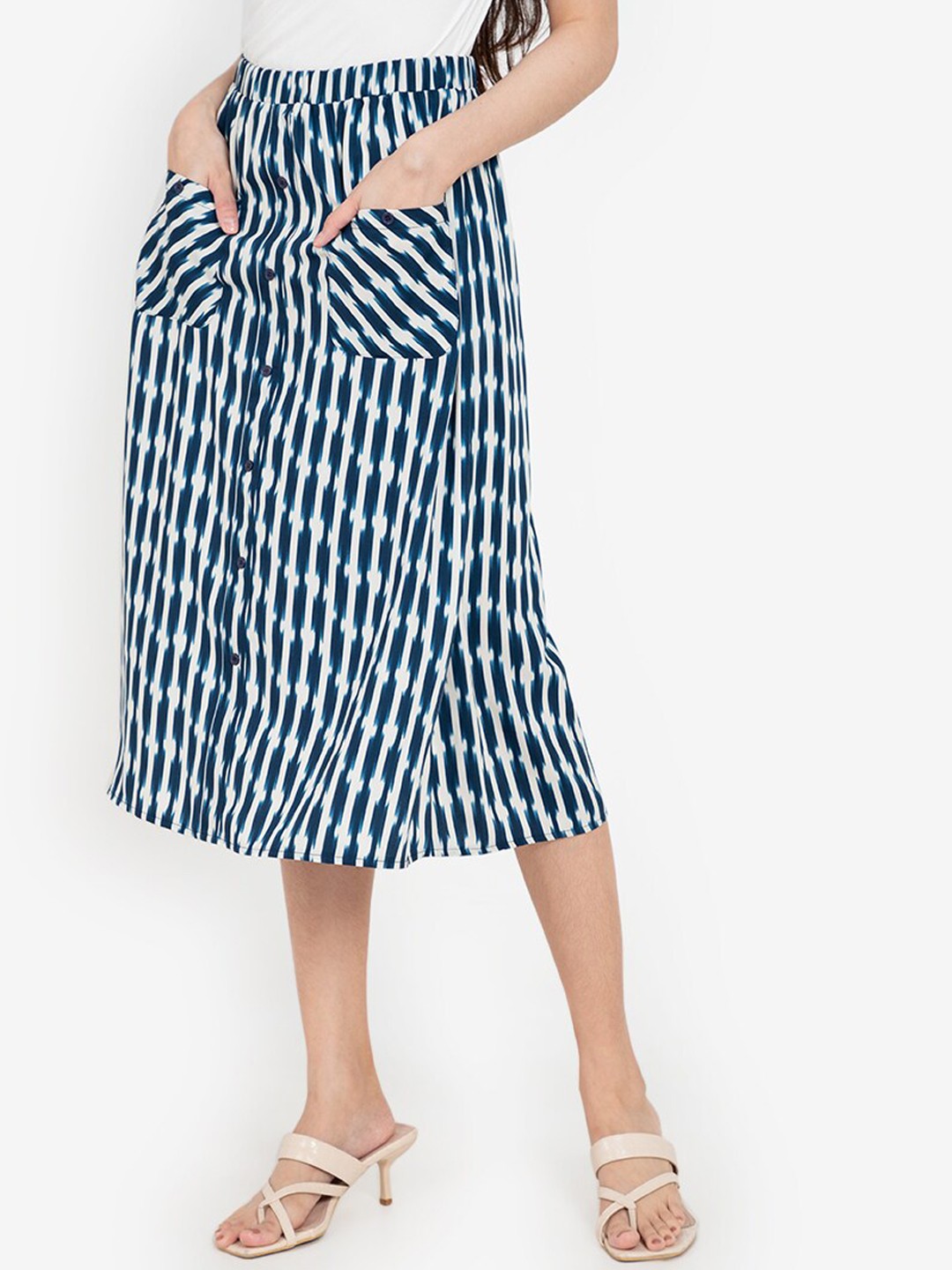 

ZALORA BASICS Women Navy Blue & White Printed A-Line Midi Skirt