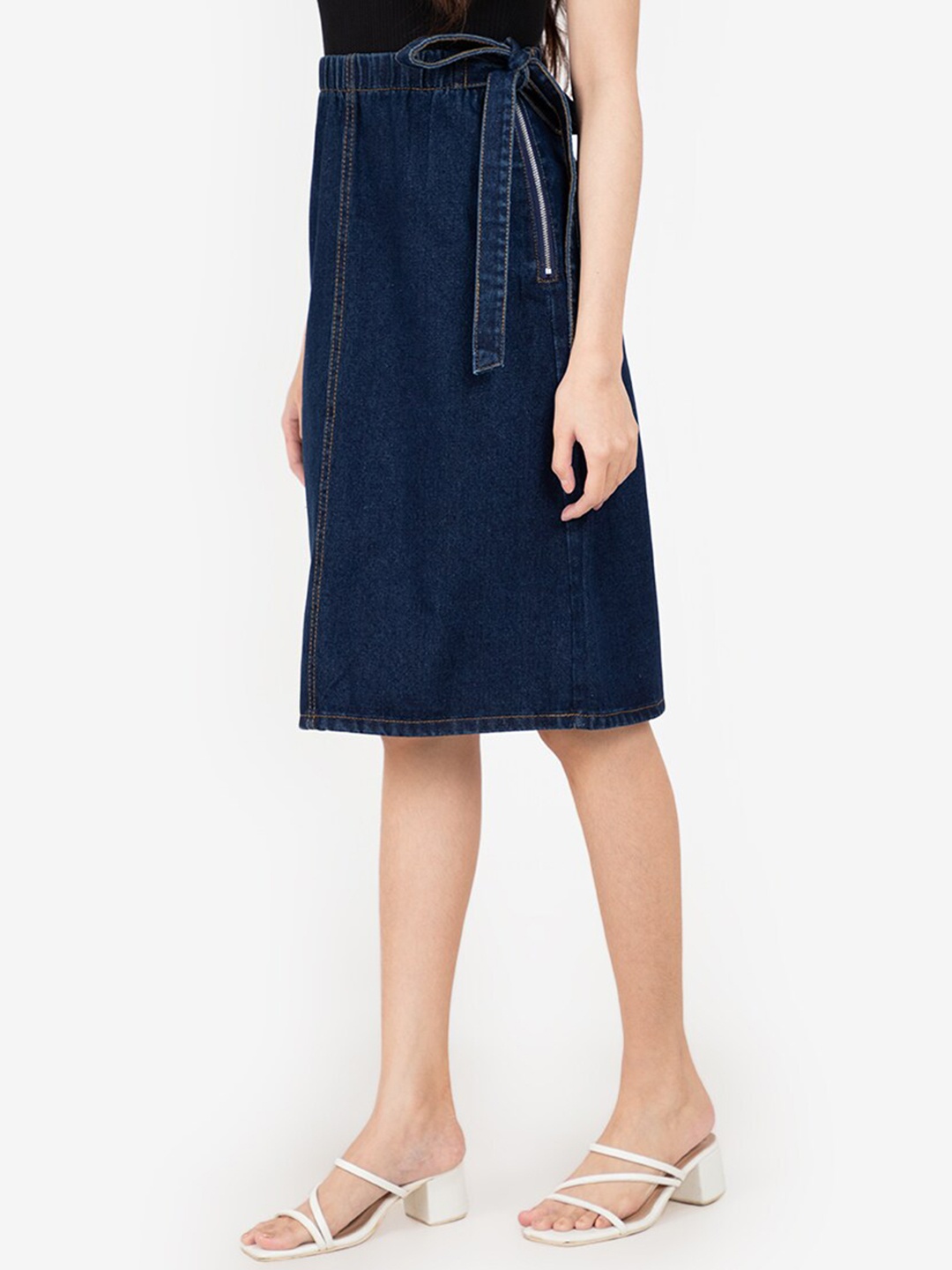 

ZALORA BASICS Women Navy Blue Solid Side Tie Midi Denim Skirt