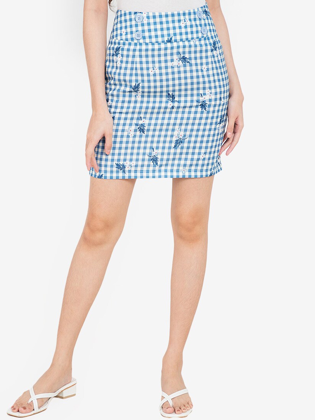 

ZALORA BASICS Women Blue Checked Recycled Polyester Mini Pencil Skirt