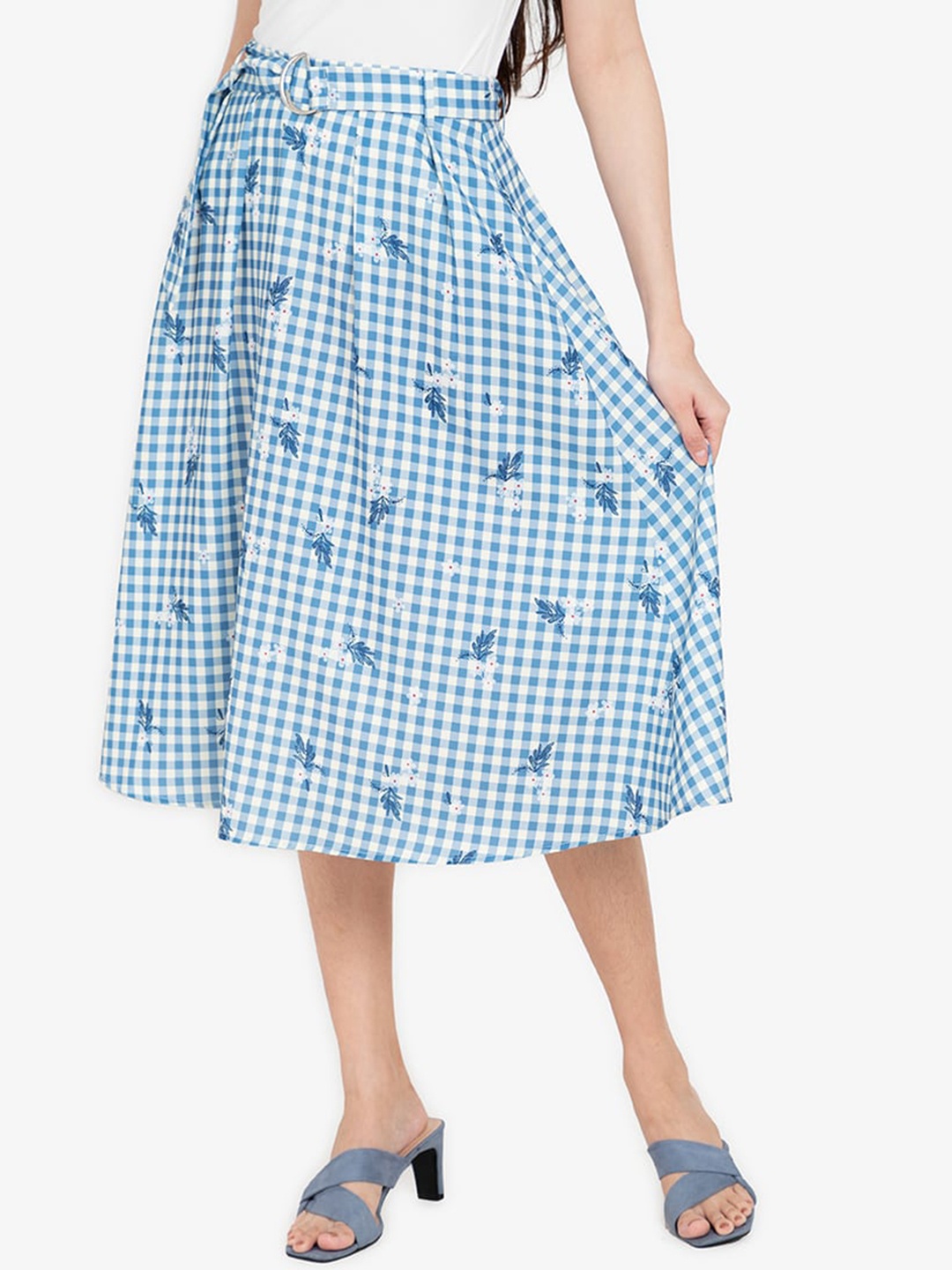 

ZALORA BASICS Women Blue & White Checked A-Line Flared Midi Skirt With Buckle Detail