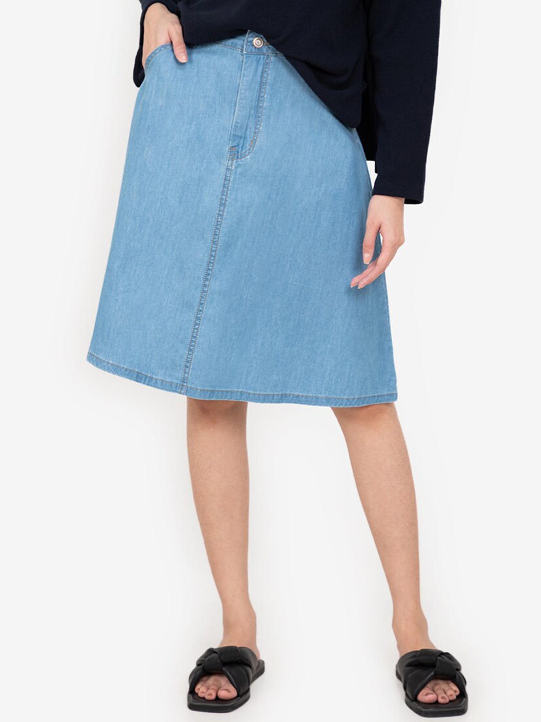

ZALORA BASICS Women Blue A-Line Knee Length Denim Skirt