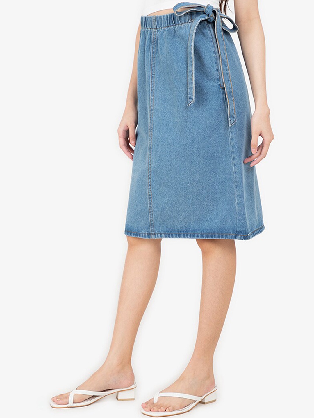 

ZALORA BASICS Women Blue Solid Side Tie Midi Denim Skirt