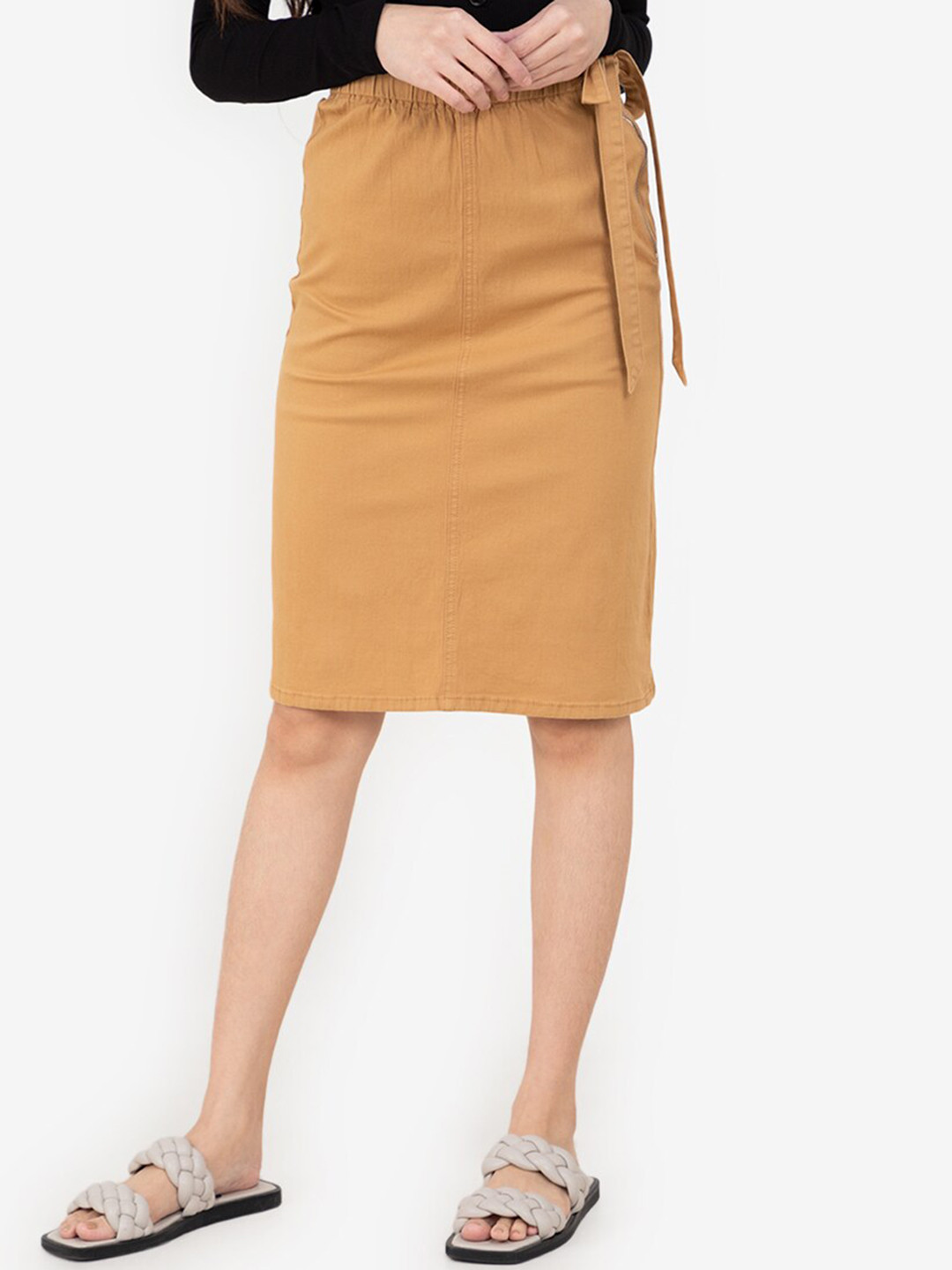 

ZALORA BASICS Women Brown Solid Side Tie Midi Pencil Denim Skirt